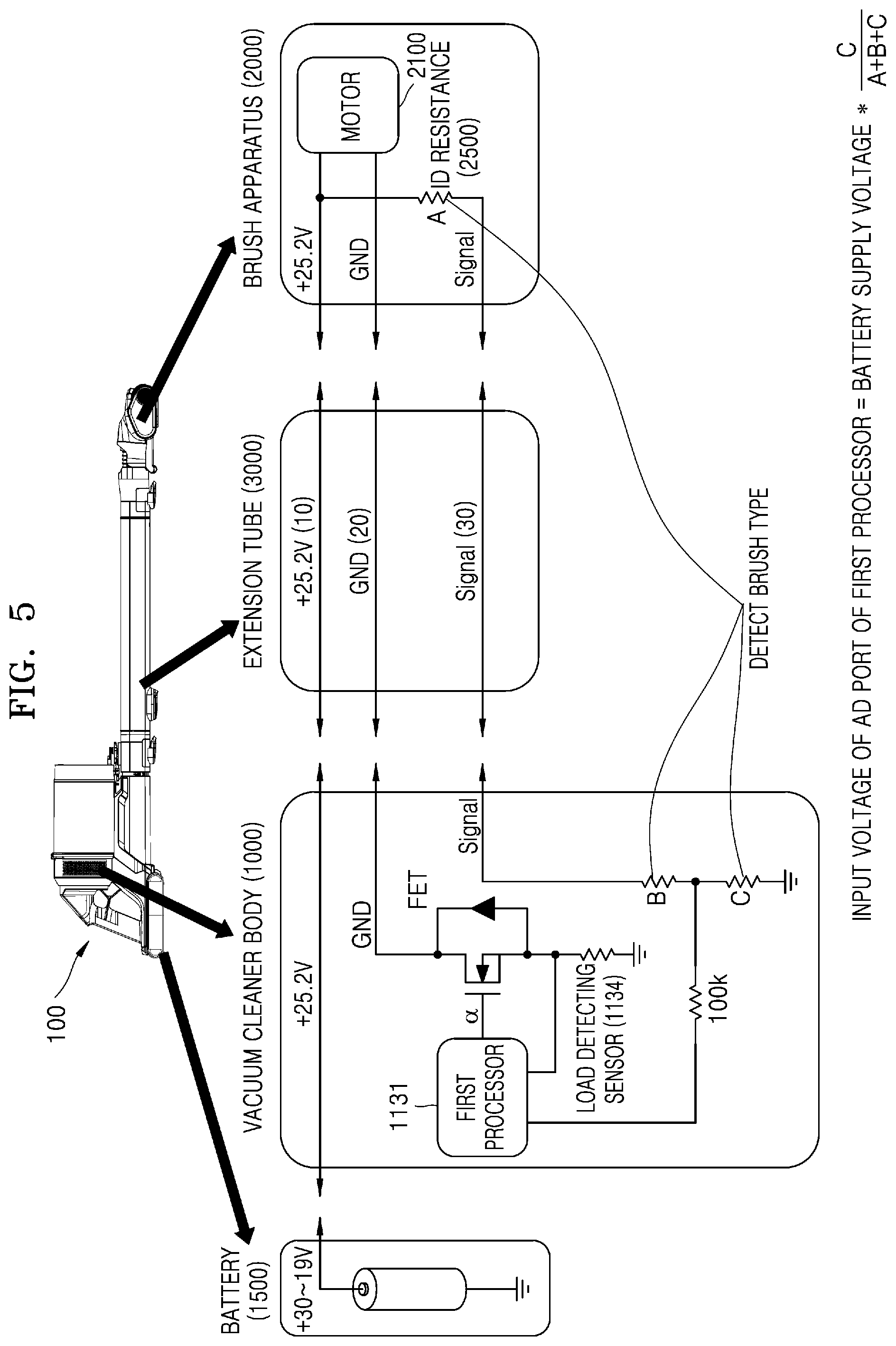 Patent US12588792 Figure 5 – Cordless vacuum cleaner in which cleaner body and brush device are able to communicate