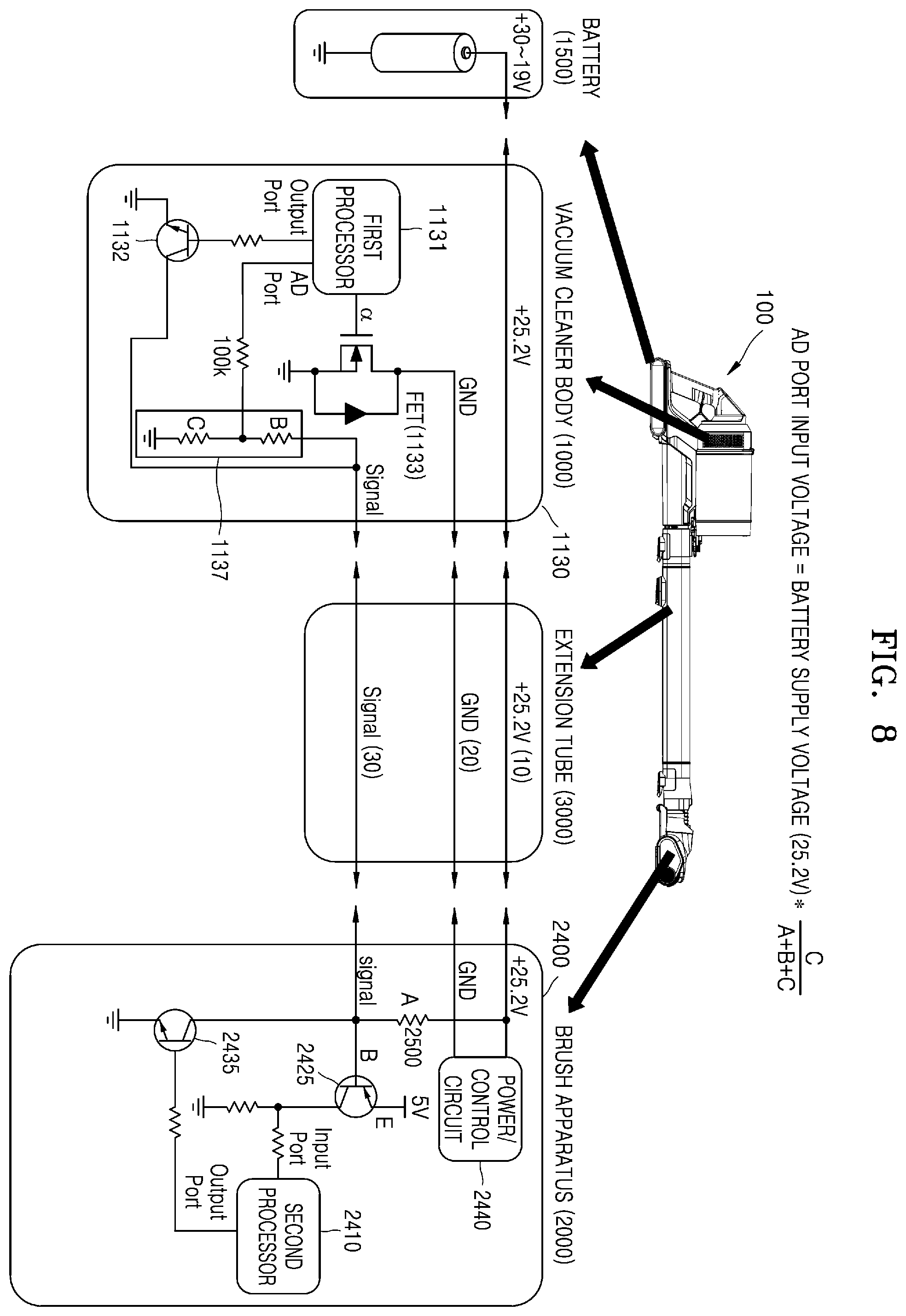 Patent US12588792 Figure 9 – Cordless vacuum cleaner in which cleaner body and brush device are able to communicate