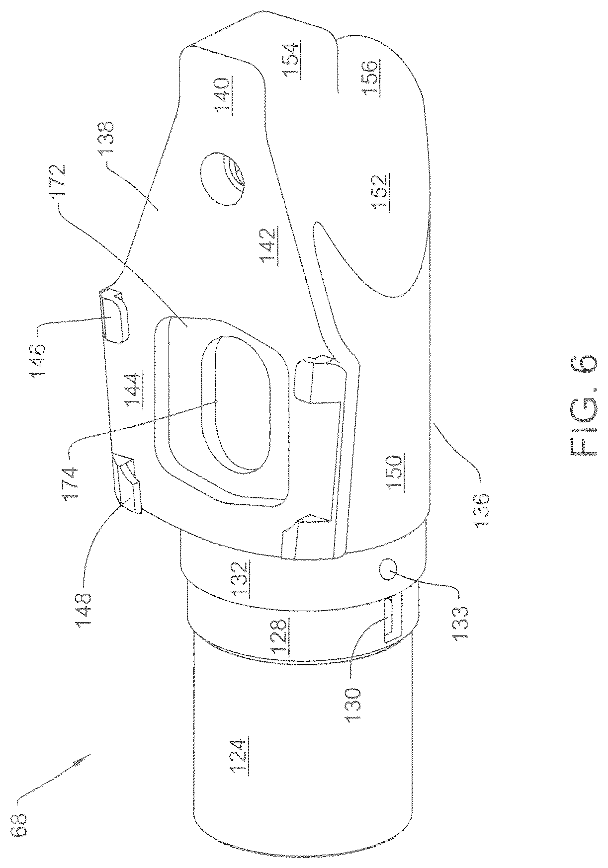 Patent US12588912 Figure 6 – Surgical saw for actuating a saw blade with an oscillating head, the saw having a coupling assembly for releasably holding the saw blade