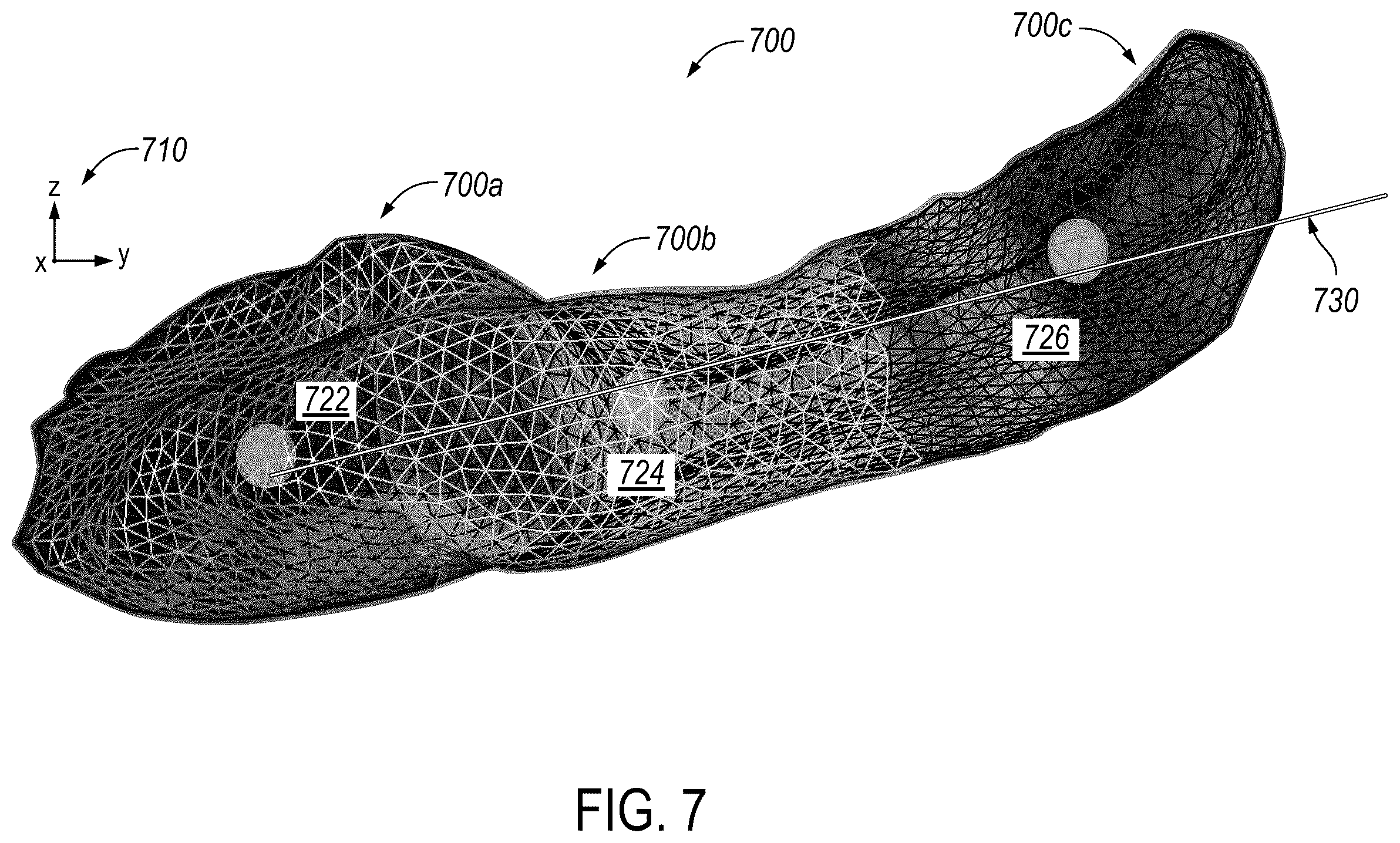 Patent US12588950 Figure 7 – Trajectory planning for minimally invasive therapy delivery using local mesh geometry