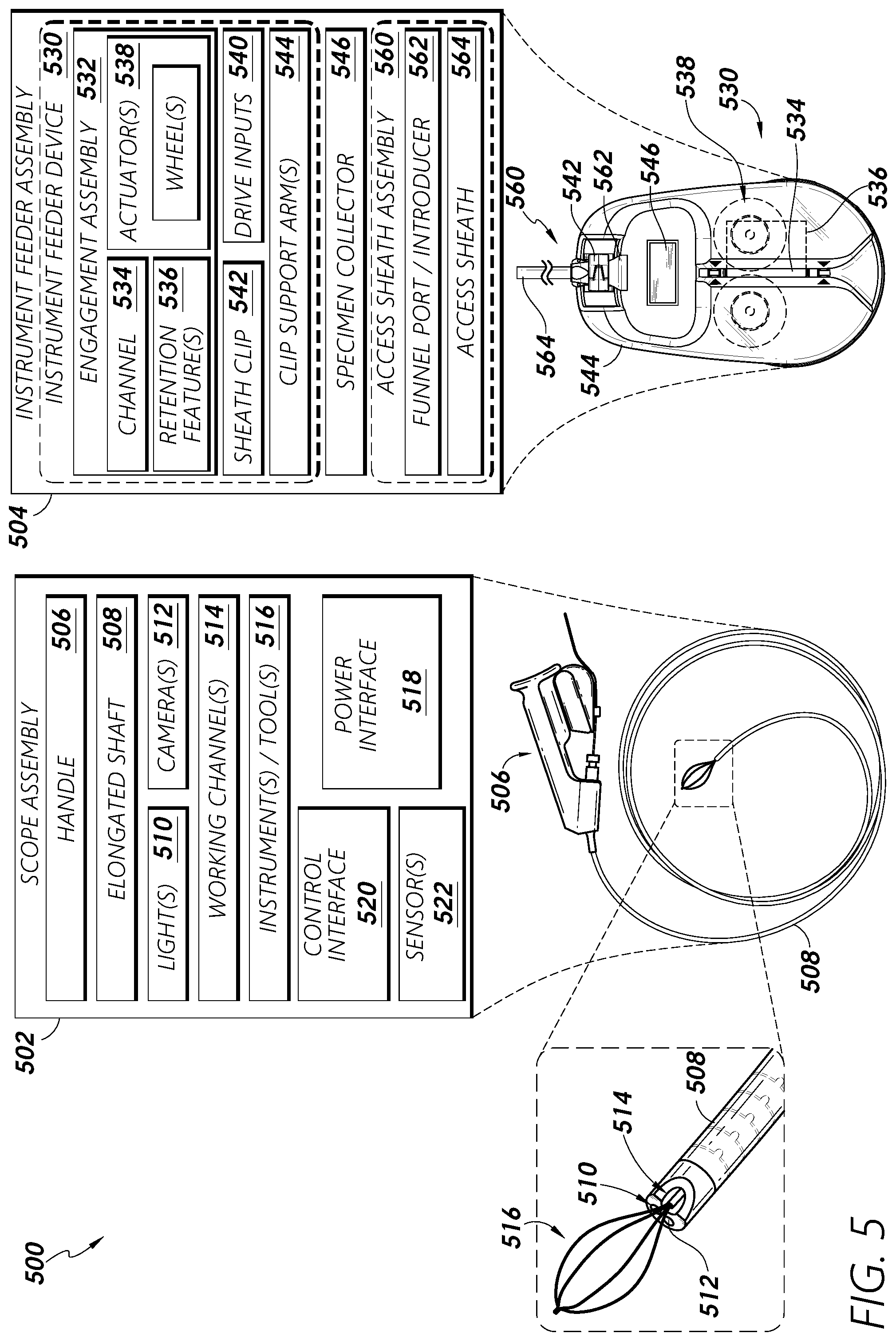 Patent US12588961 Figure 5 – Engagement control of instrument feeder devices