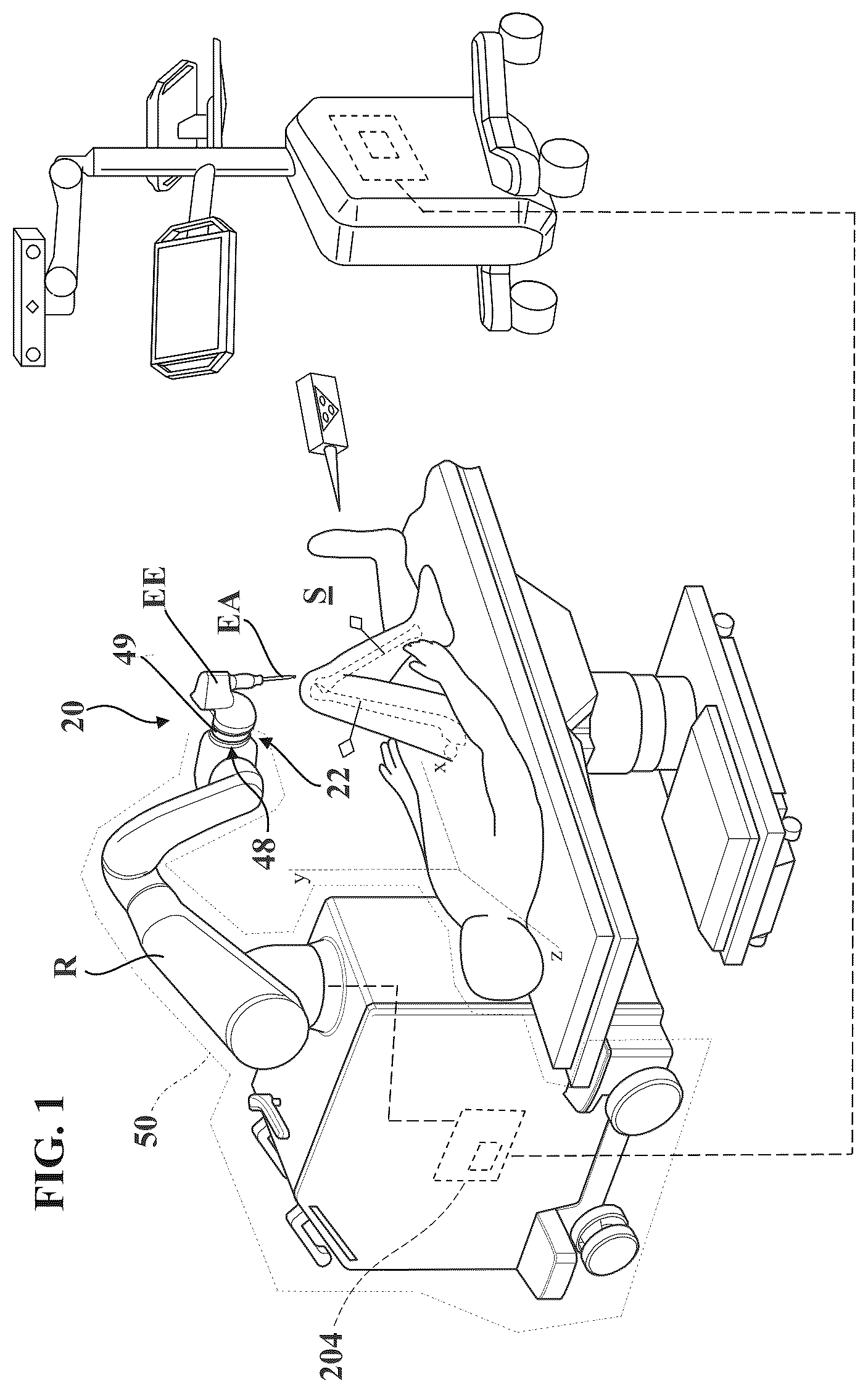 Patent US12588966 Figure 1 – Robotic surgical system with illumination device to indicate mounting assembly installation condition