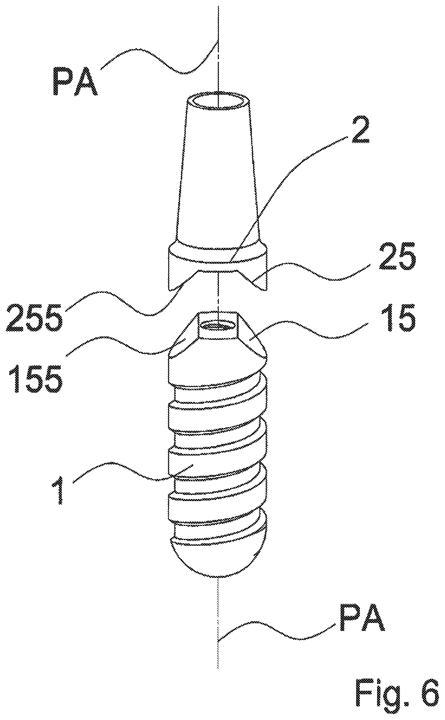 Patent US12588983 Figure 6 – Dental implant with indexing surfaces having a friction-reducing coating