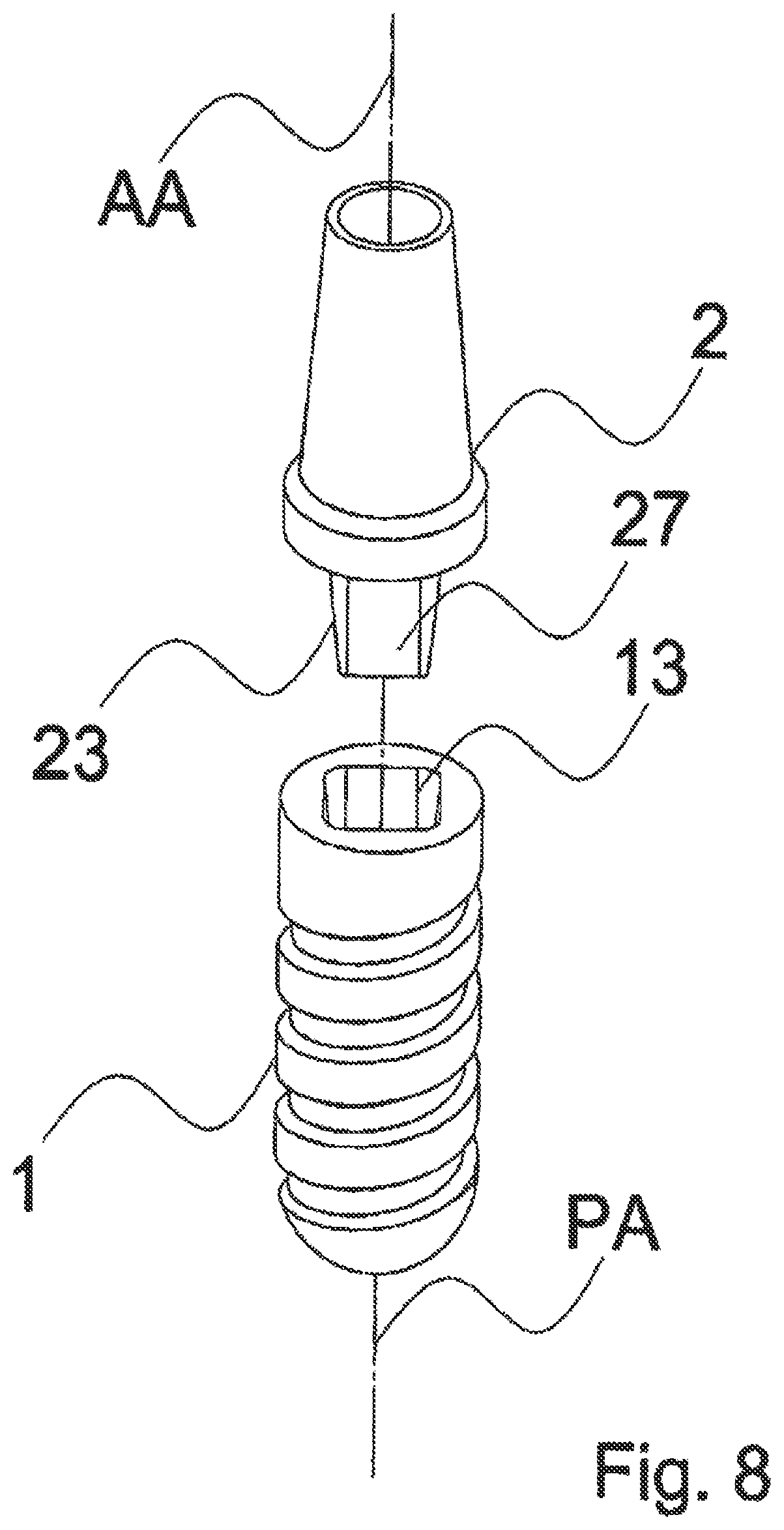 Patent US12588983 Figure 8 – Dental implant with indexing surfaces having a friction-reducing coating