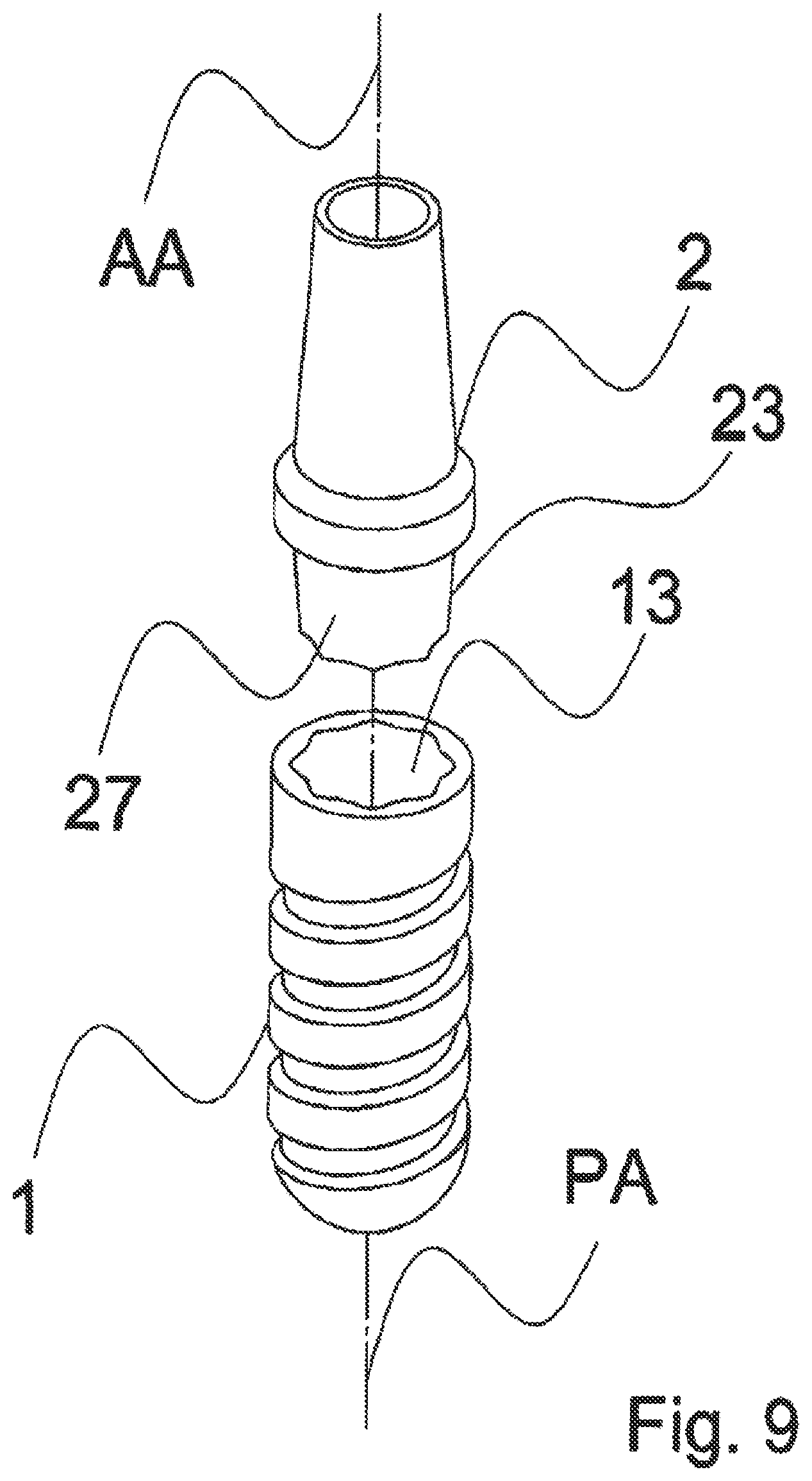 Patent US12588983 Figure 9 – Dental implant with indexing surfaces having a friction-reducing coating