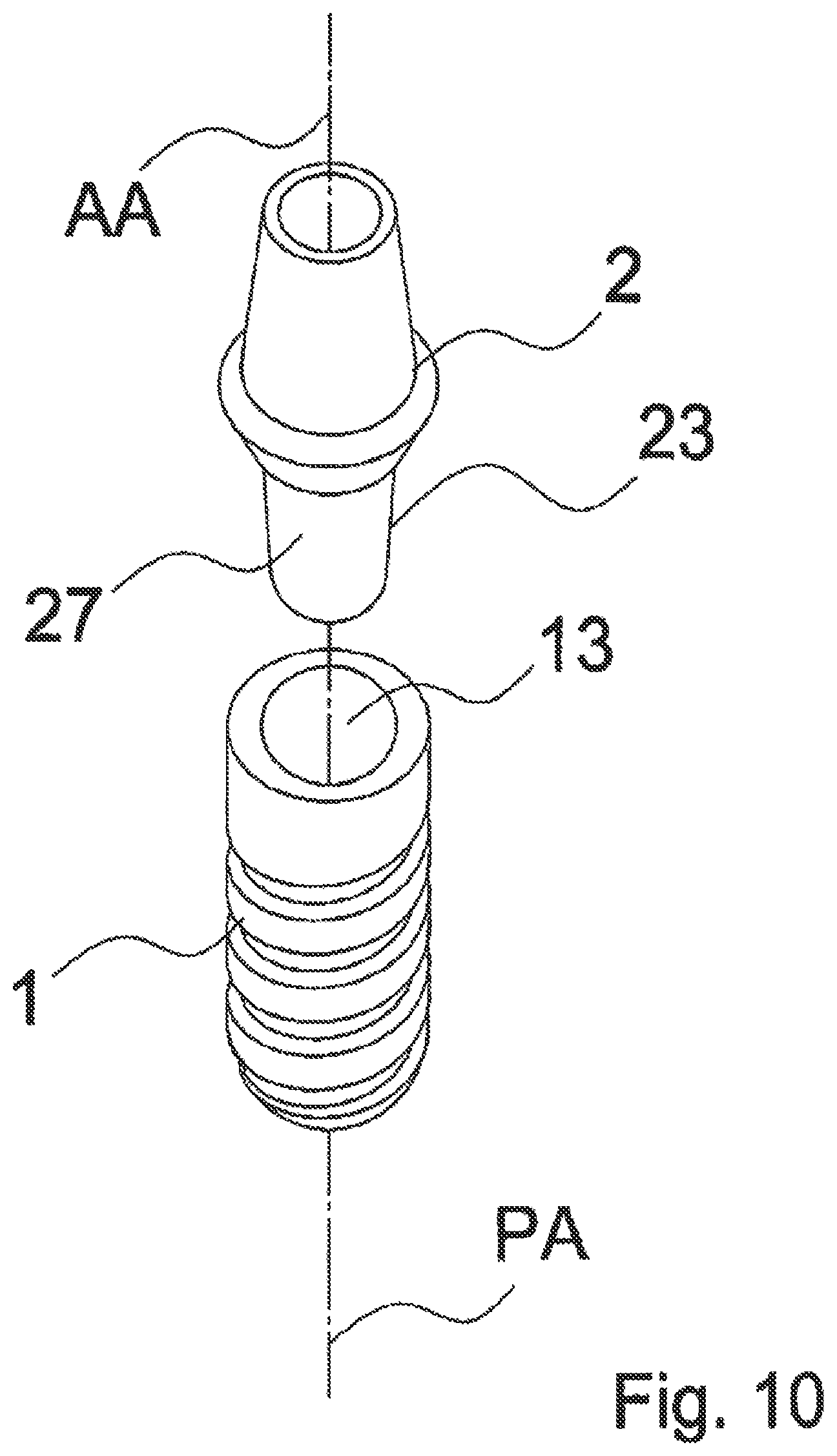 Patent US12588983 Figure 10 – Dental implant with indexing surfaces having a friction-reducing coating