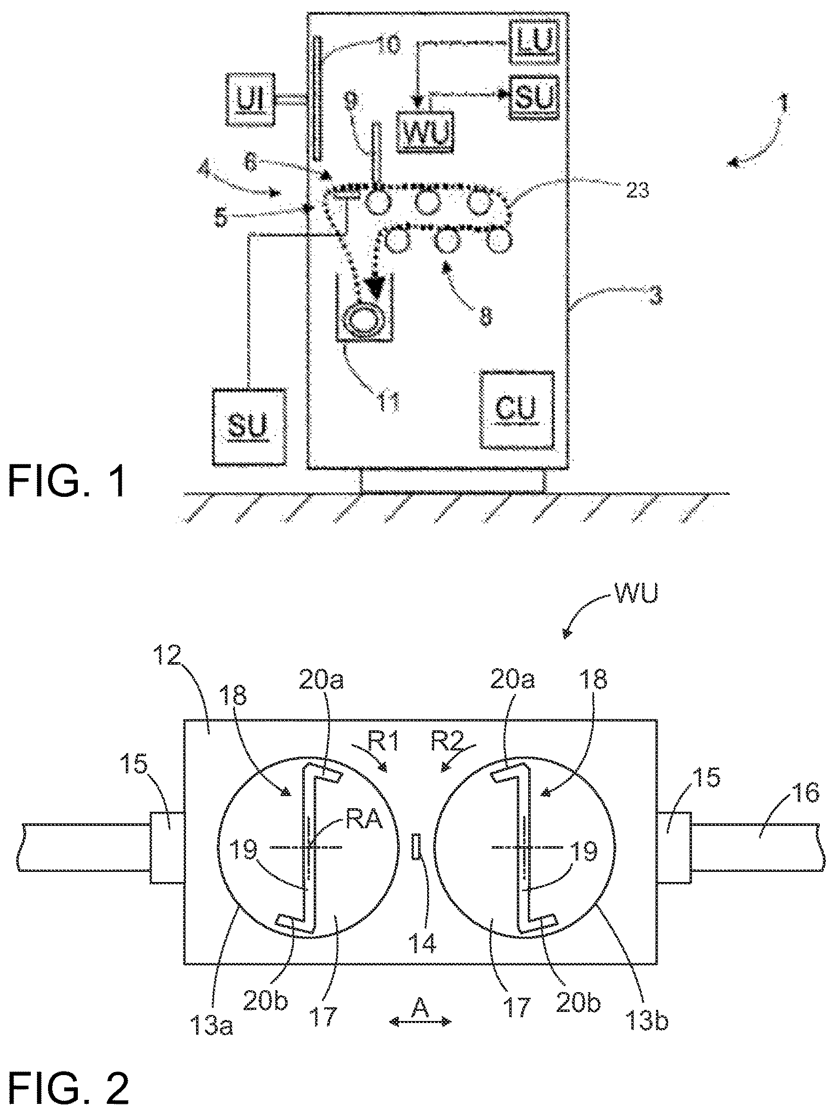Patent US12590408 Figure 1 – Washing unit, planar washing machine and method