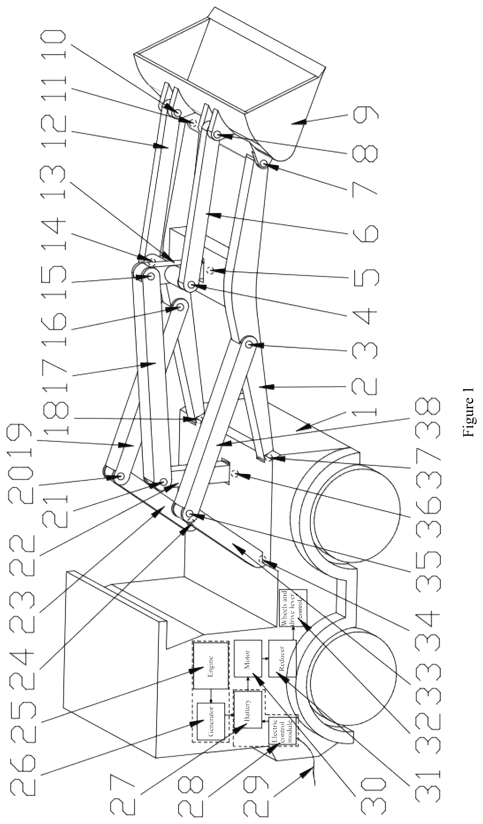 Patent US12590434 Figure 1 – Range-extended numerical controlled link mechanism electric loader