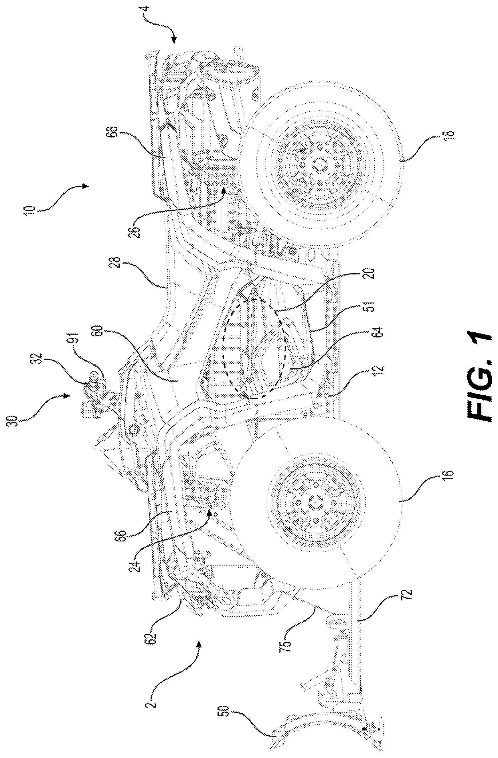 Patent US12590438 Figure 1 – Implement connection system and vehicle having same