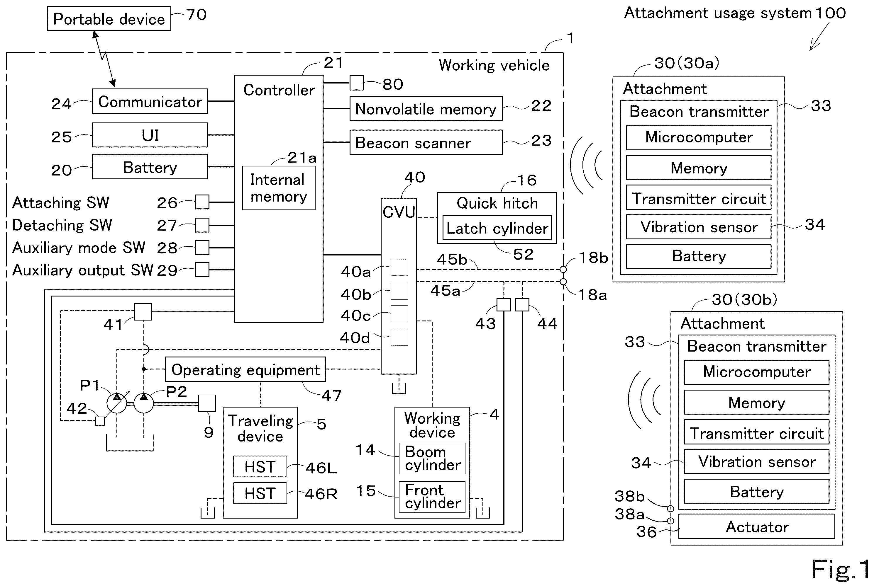Patent US12590444 — Working vehicle and attachment usage system — Figure 1