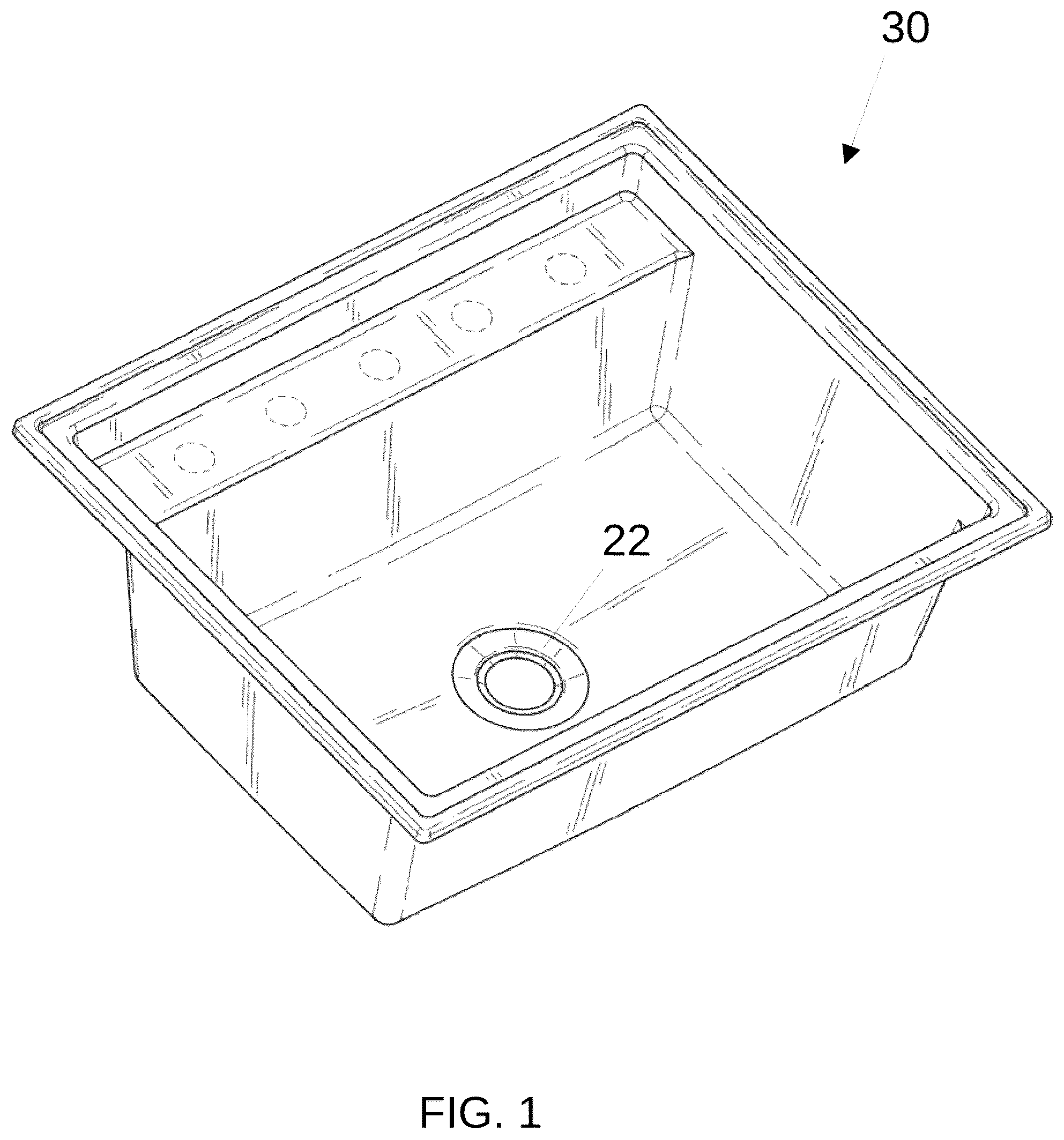Patent US12590446 Figure 1 – Sink with integrated drain/waste disposal bracket