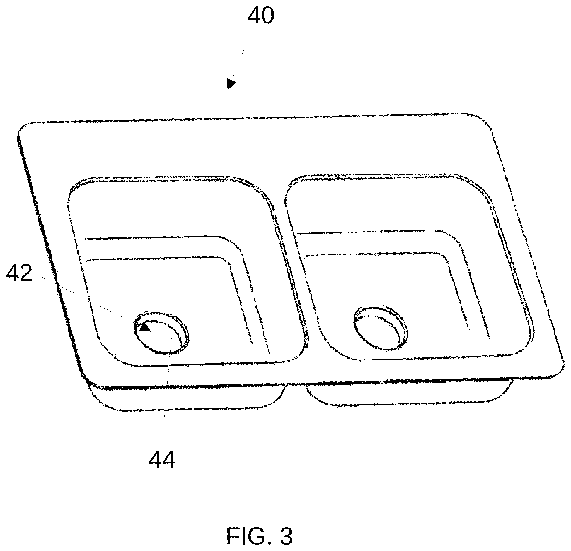 Patent US12590446 Figure 3 – Sink with integrated drain/waste disposal bracket