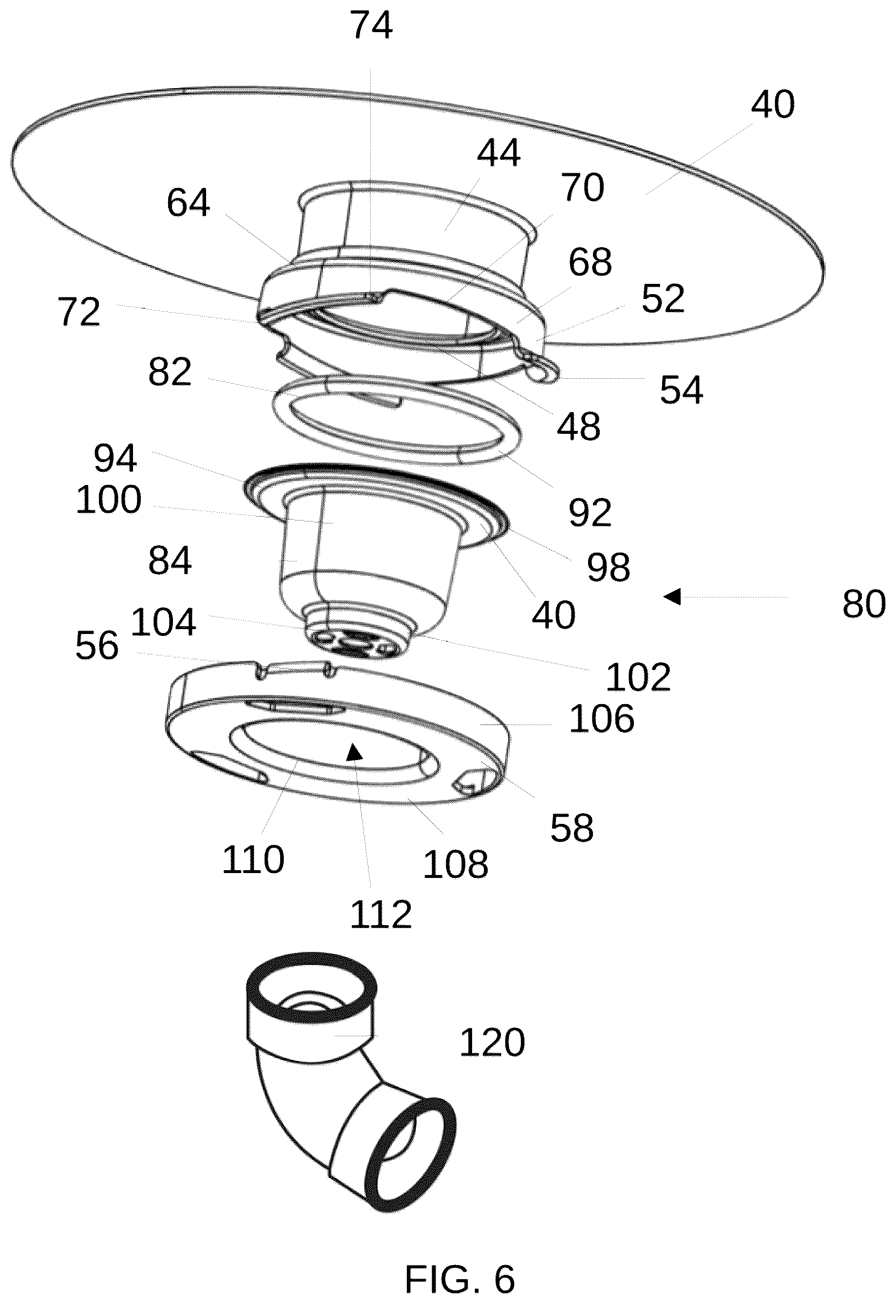 Patent US12590446 Figure 5 – Sink with integrated drain/waste disposal bracket