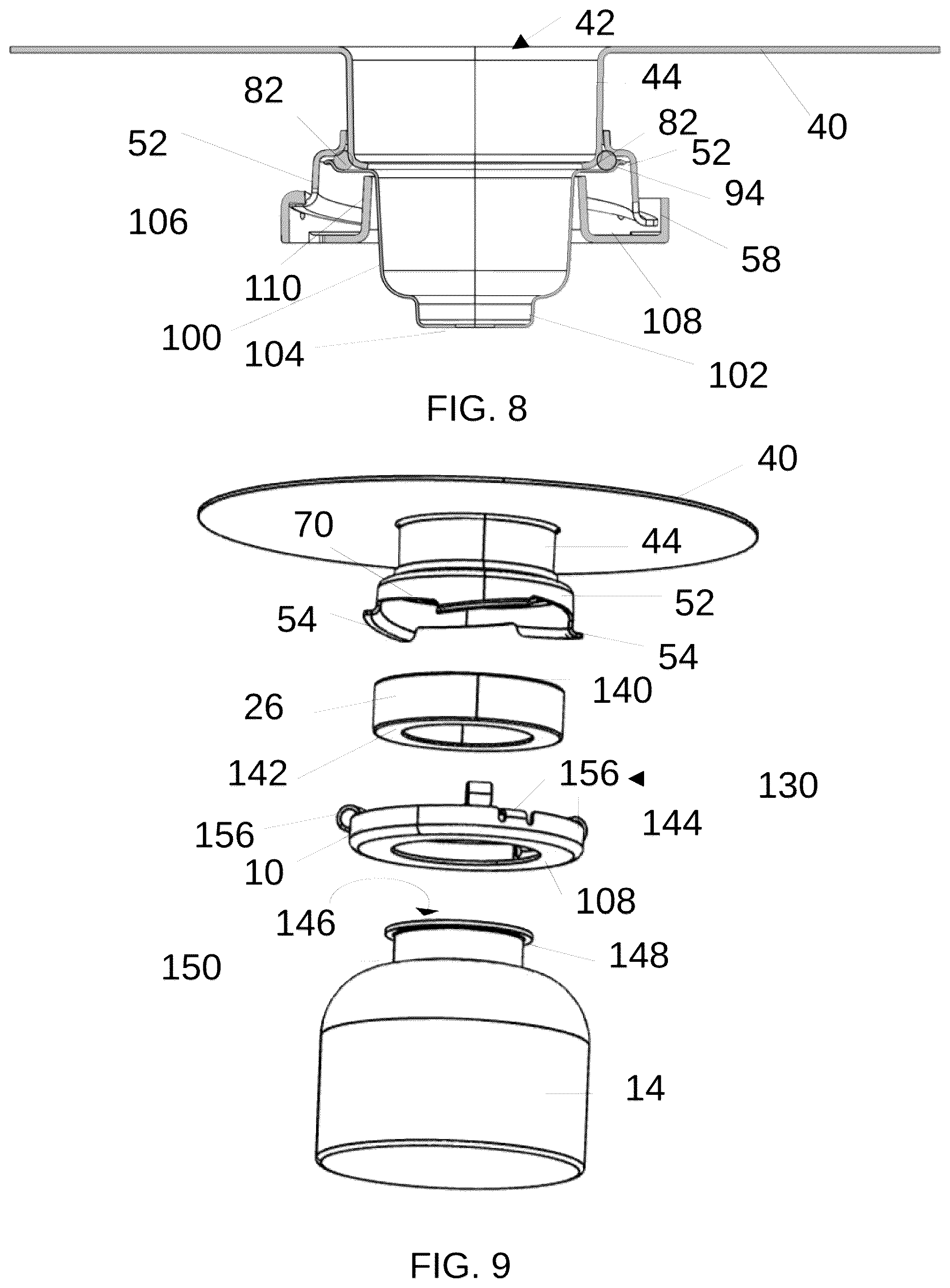 Patent US12590446 Figure 7 – Sink with integrated drain/waste disposal bracket