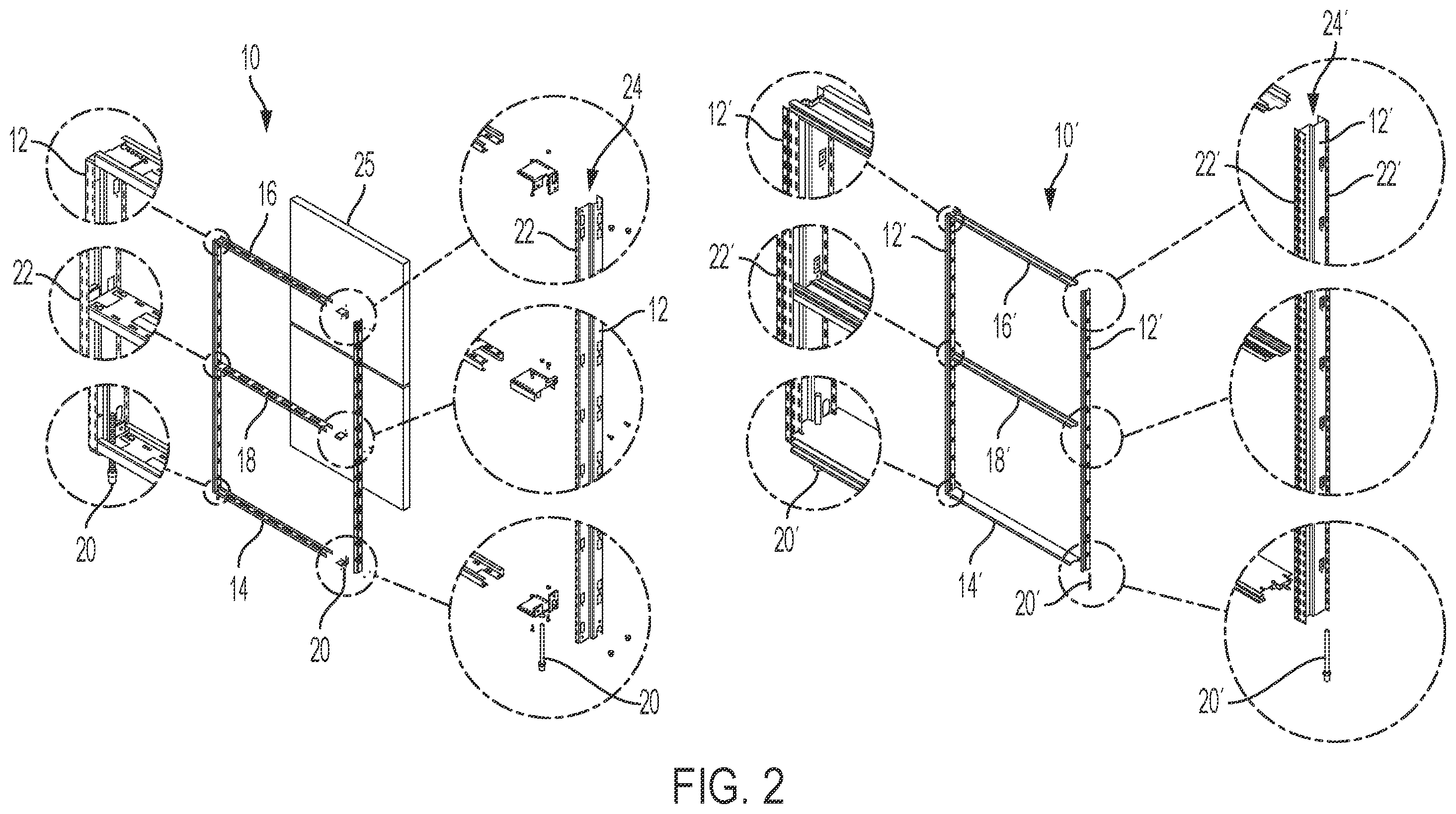 Patent US12590457 Figure 2 – System and method for mounting a panel to an internal frame of a modular wall