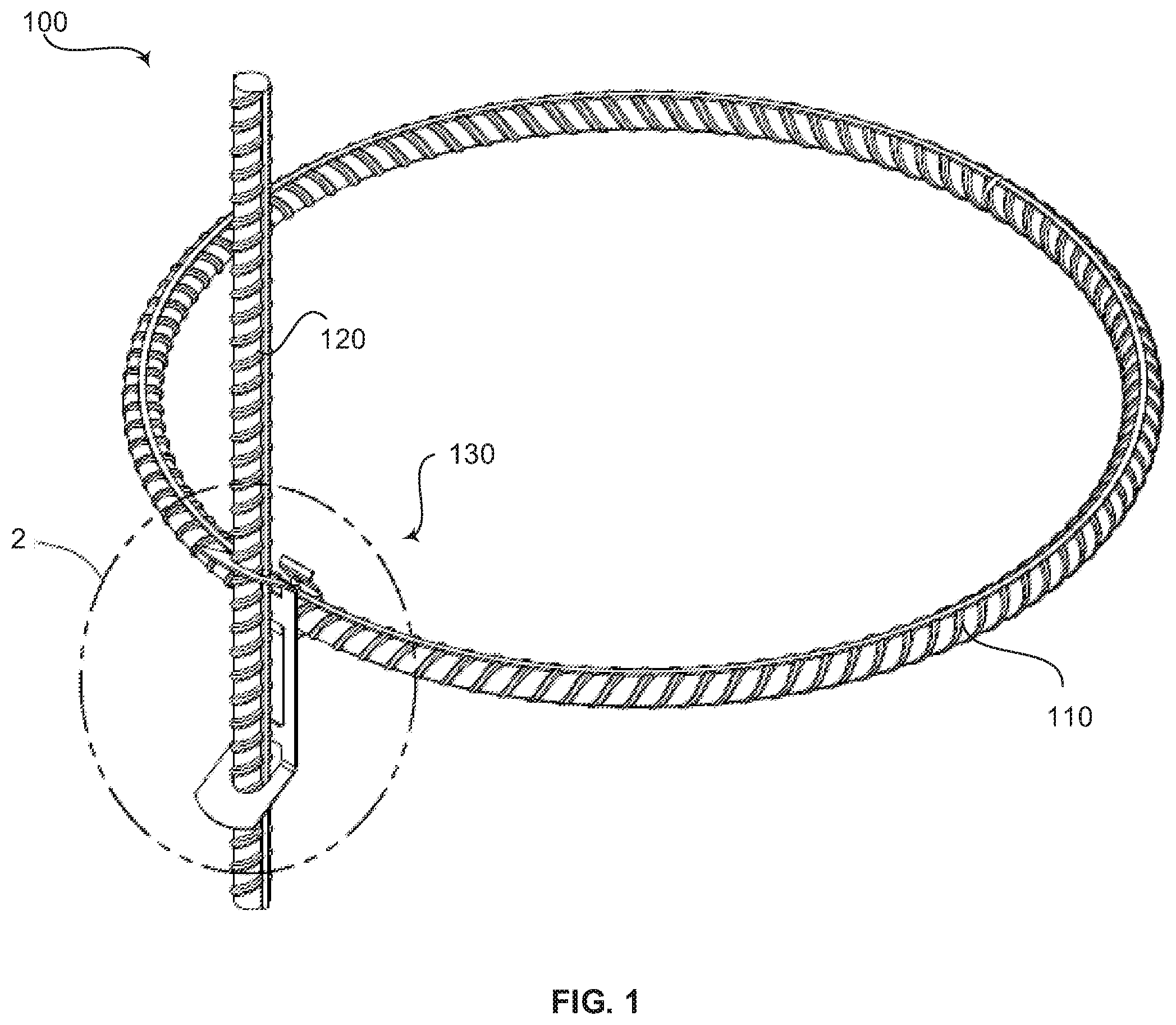 Patent US12590460 Figure 1 – Reinforcing bar cage connectors and methods of constructing reinforcing bar cages