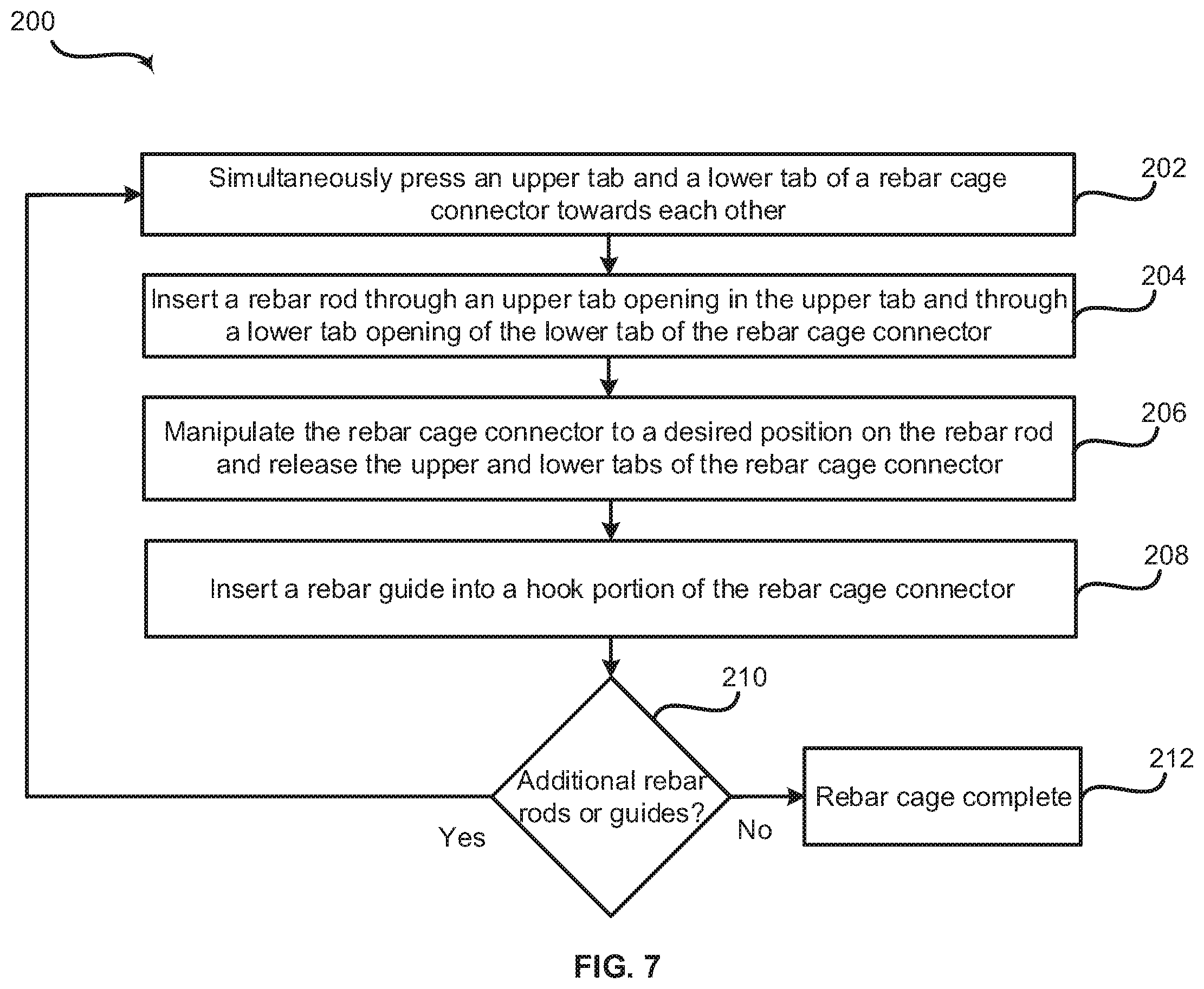 Patent US12590460 Figure 7 – Reinforcing bar cage connectors and methods of constructing reinforcing bar cages