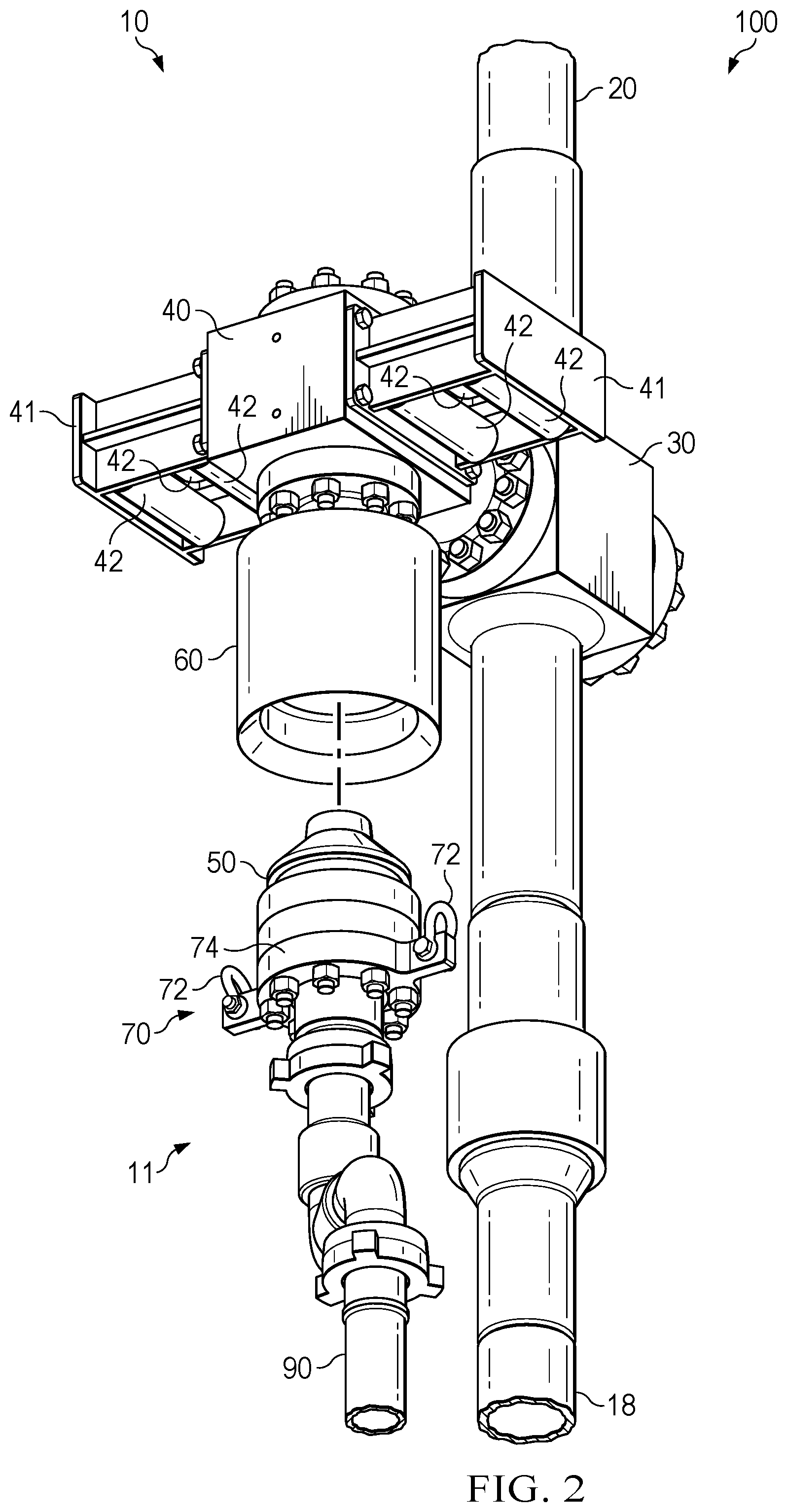 Patent US12590523 Figure 2 – Hands free frac line connection method and system