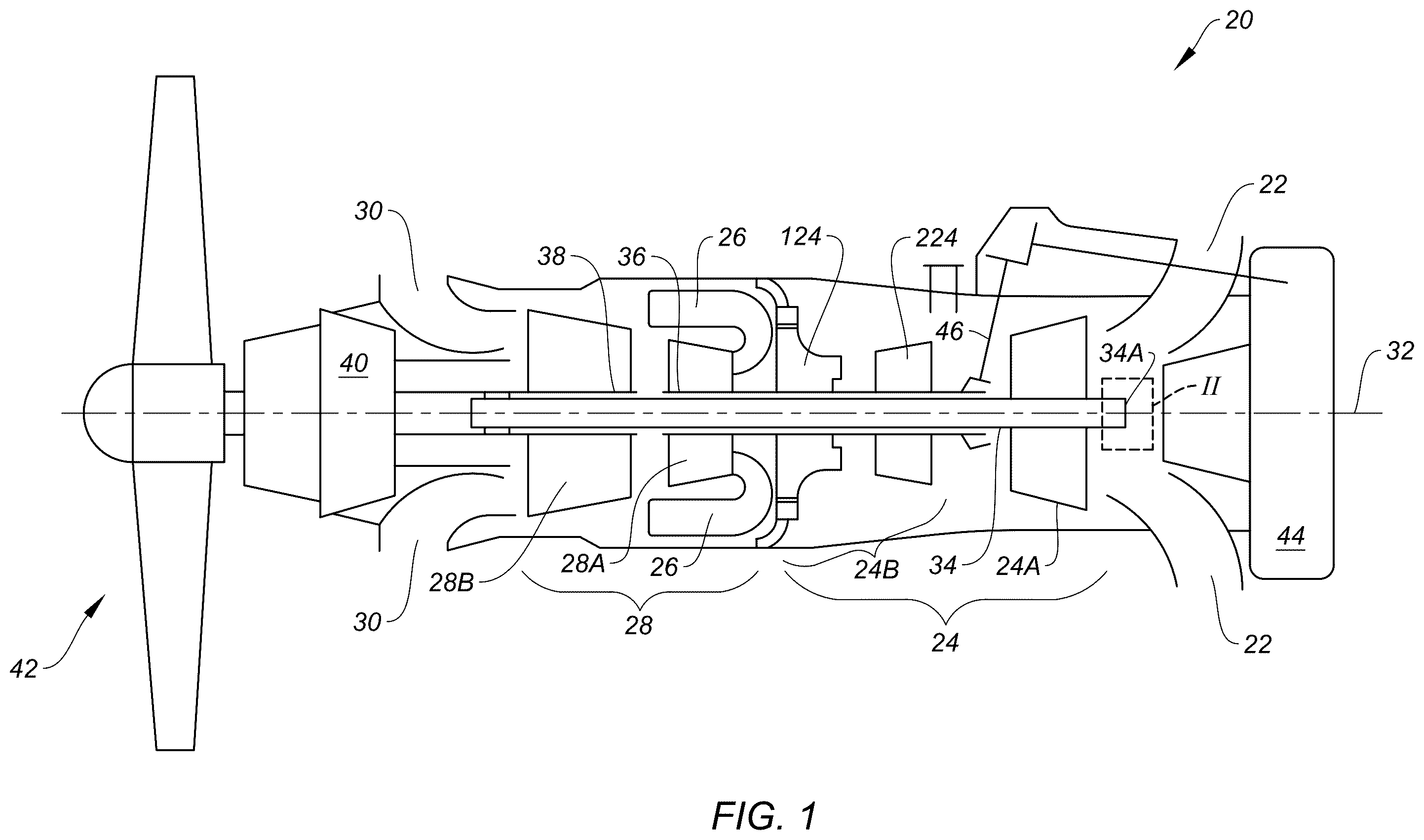 Patent US12590543 Figure 1 – Gas turbine engine with shaft retention system
