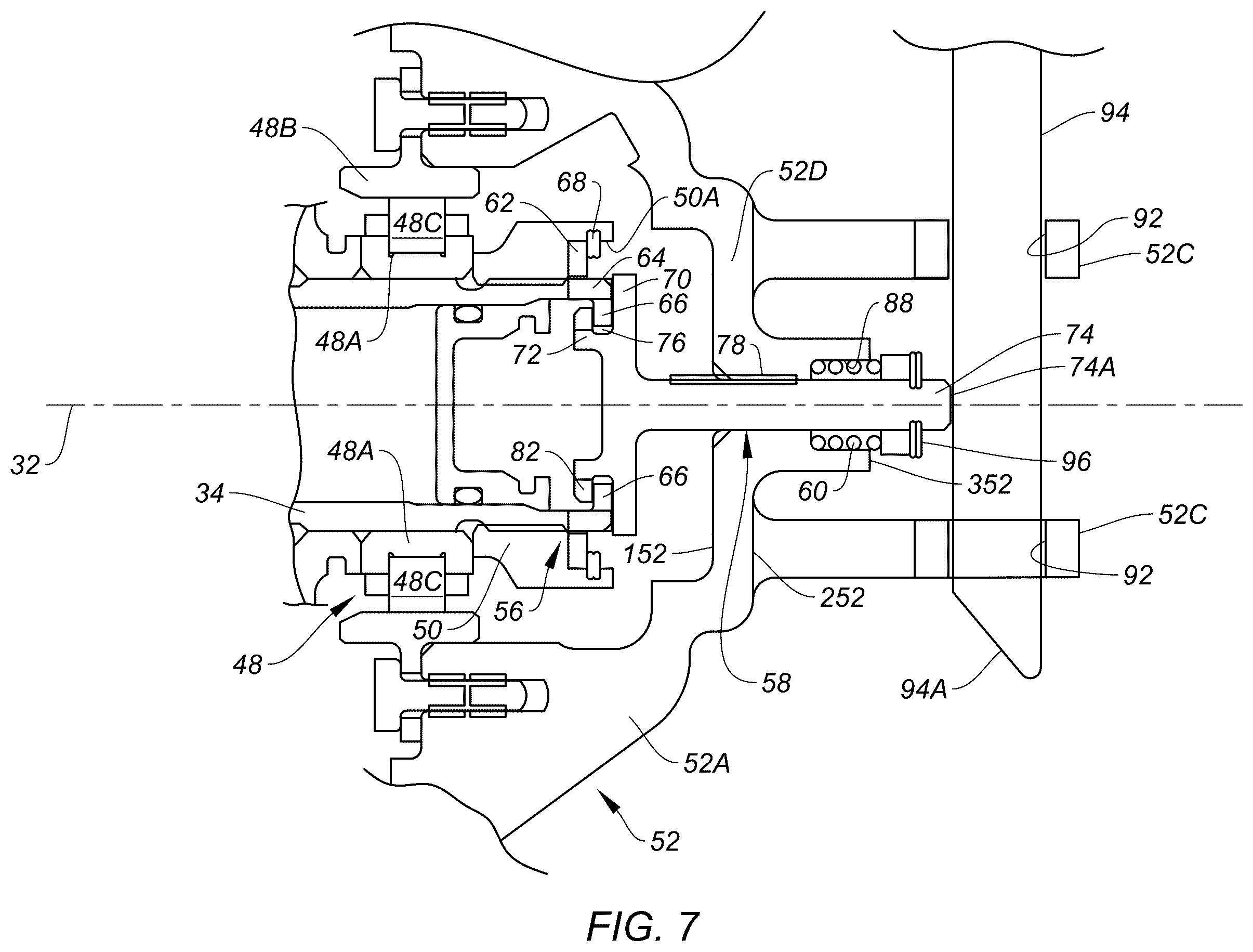 Patent US12590543 Figure 7 – Gas turbine engine with shaft retention system