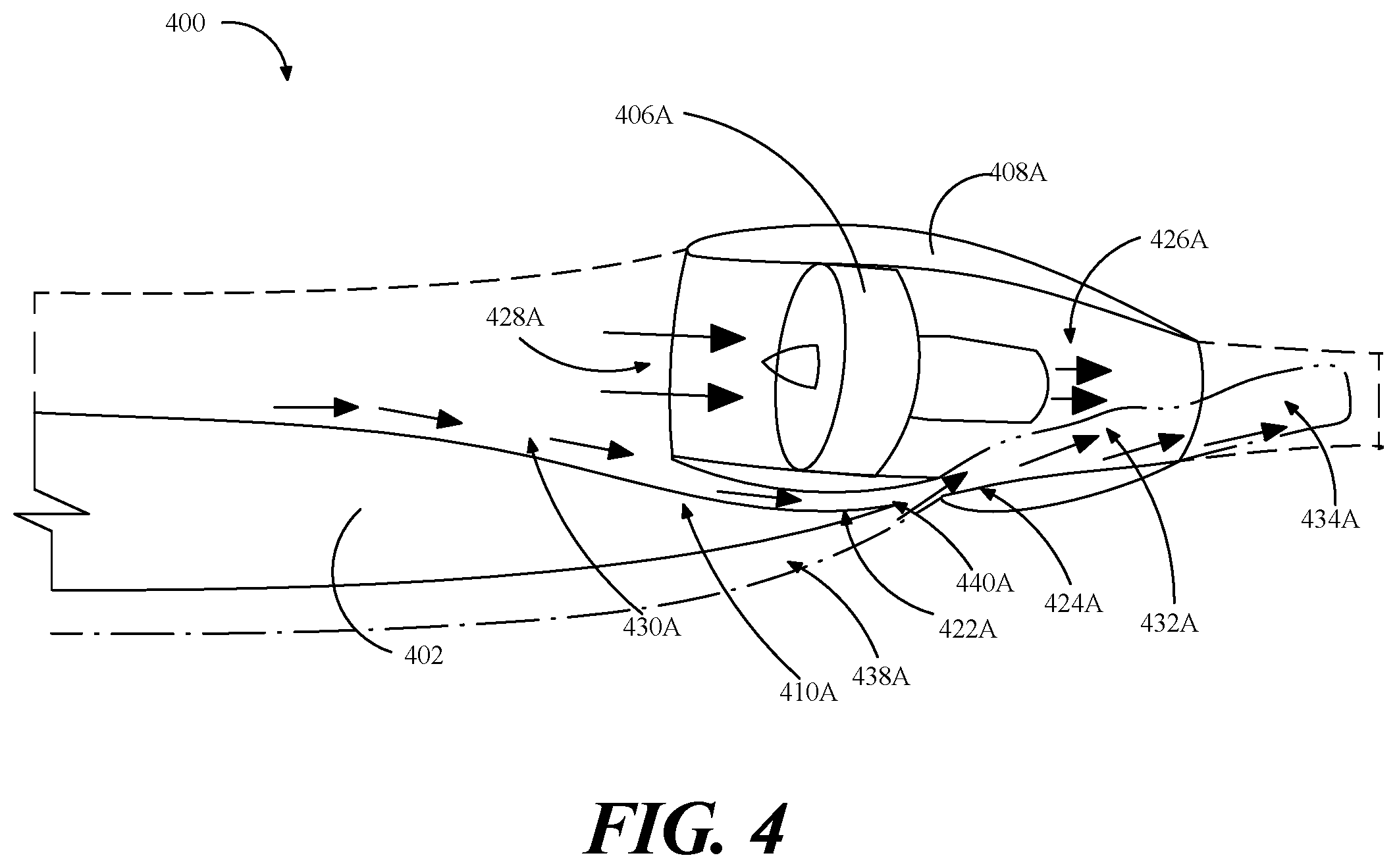 Patent US12590558 Figure 4 – Drag recovery scheme using boundary layer ingestion