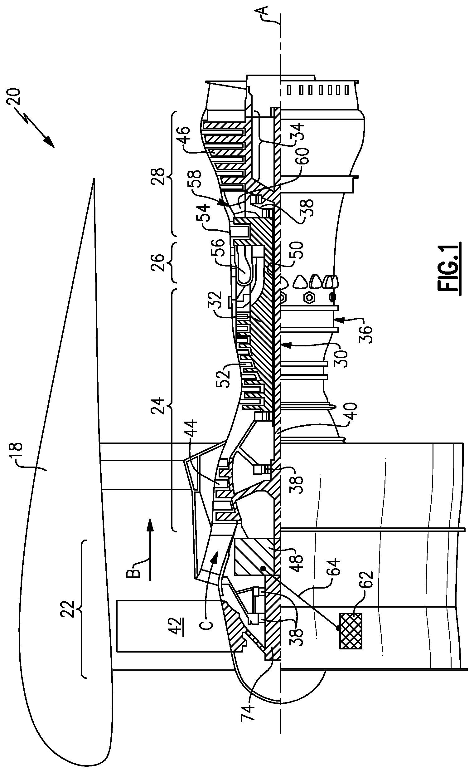 Patent US12590562 Figure 1 – Component mounting and drive in a geared turbofan architecture
