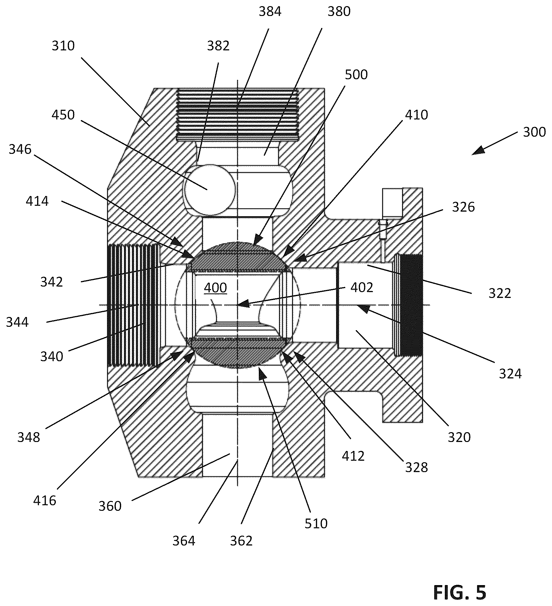 Patent US12590578 Figure 4 – Fluid end with transition surface geometry