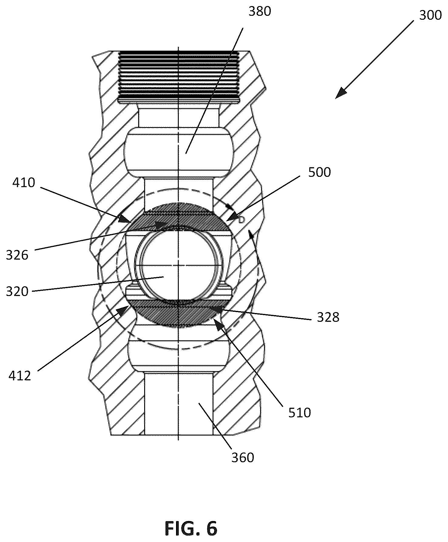 Patent US12590578 Figure 5 – Fluid end with transition surface geometry