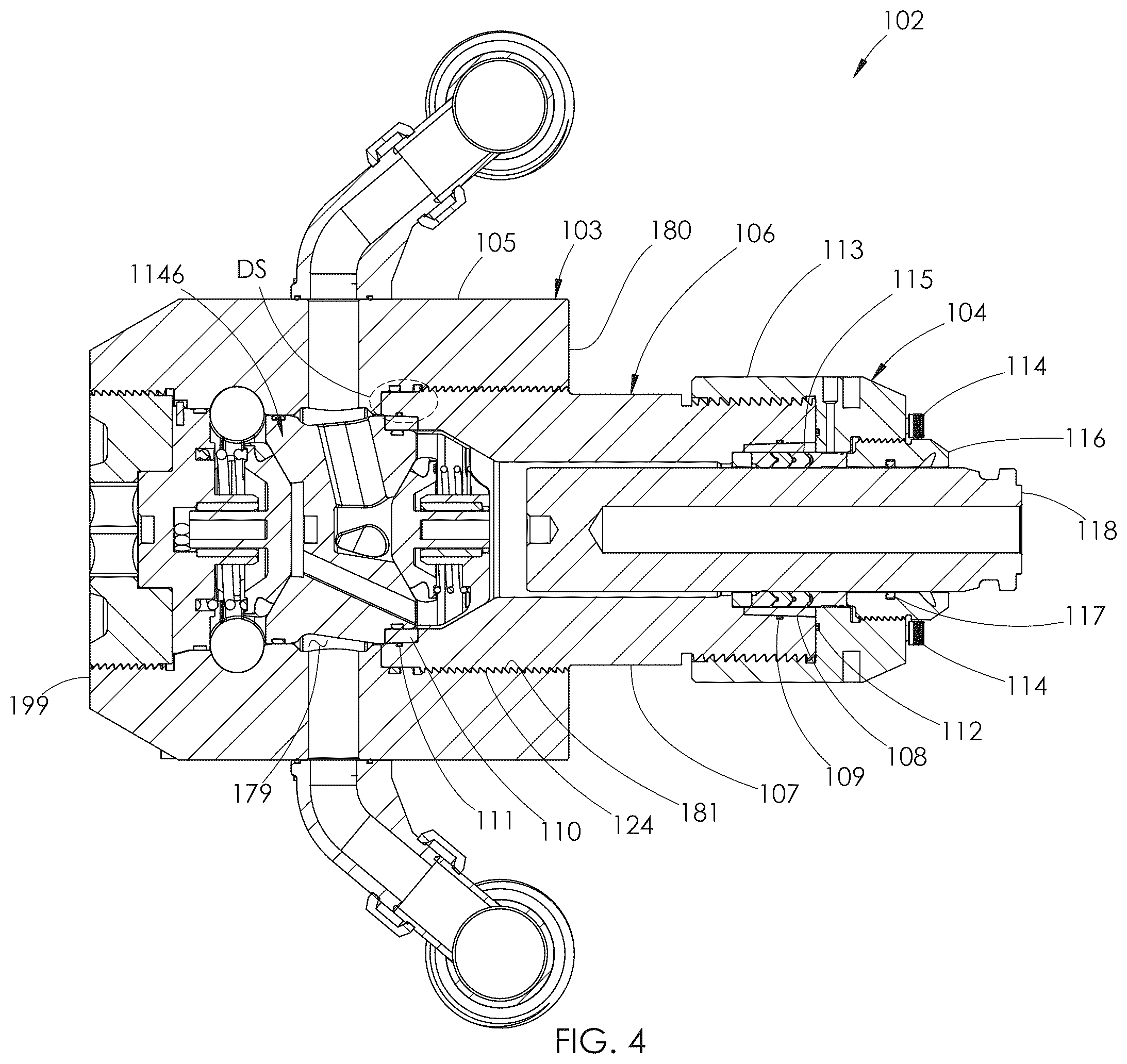 Patent US12590581 Figure 4 – Fluid end with threaded dynamic section