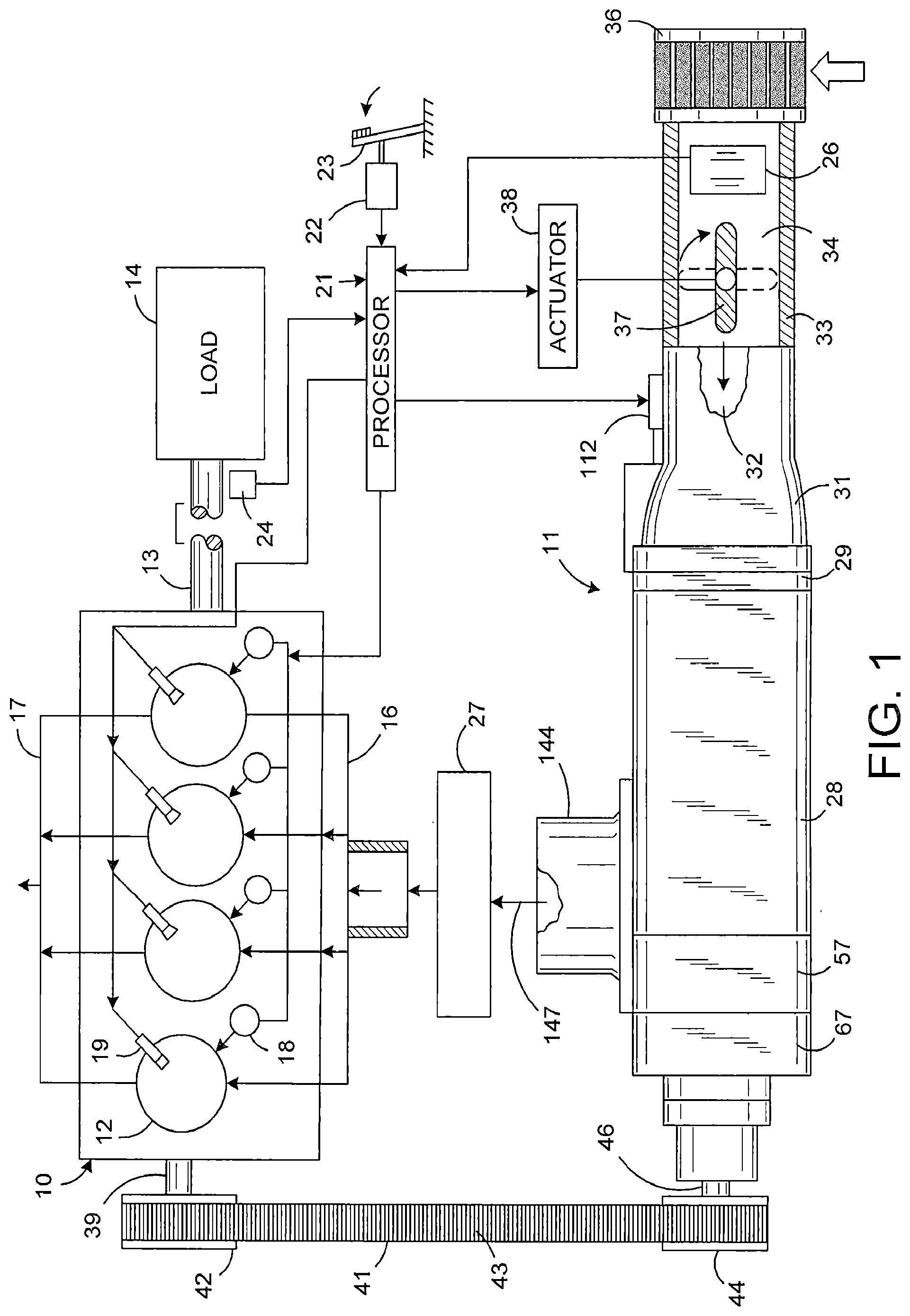Patent US12590584 Figure 1 – Supercharged internal combustion engine with intake port timing shutters controlling the air mass flowing into the supercharger
