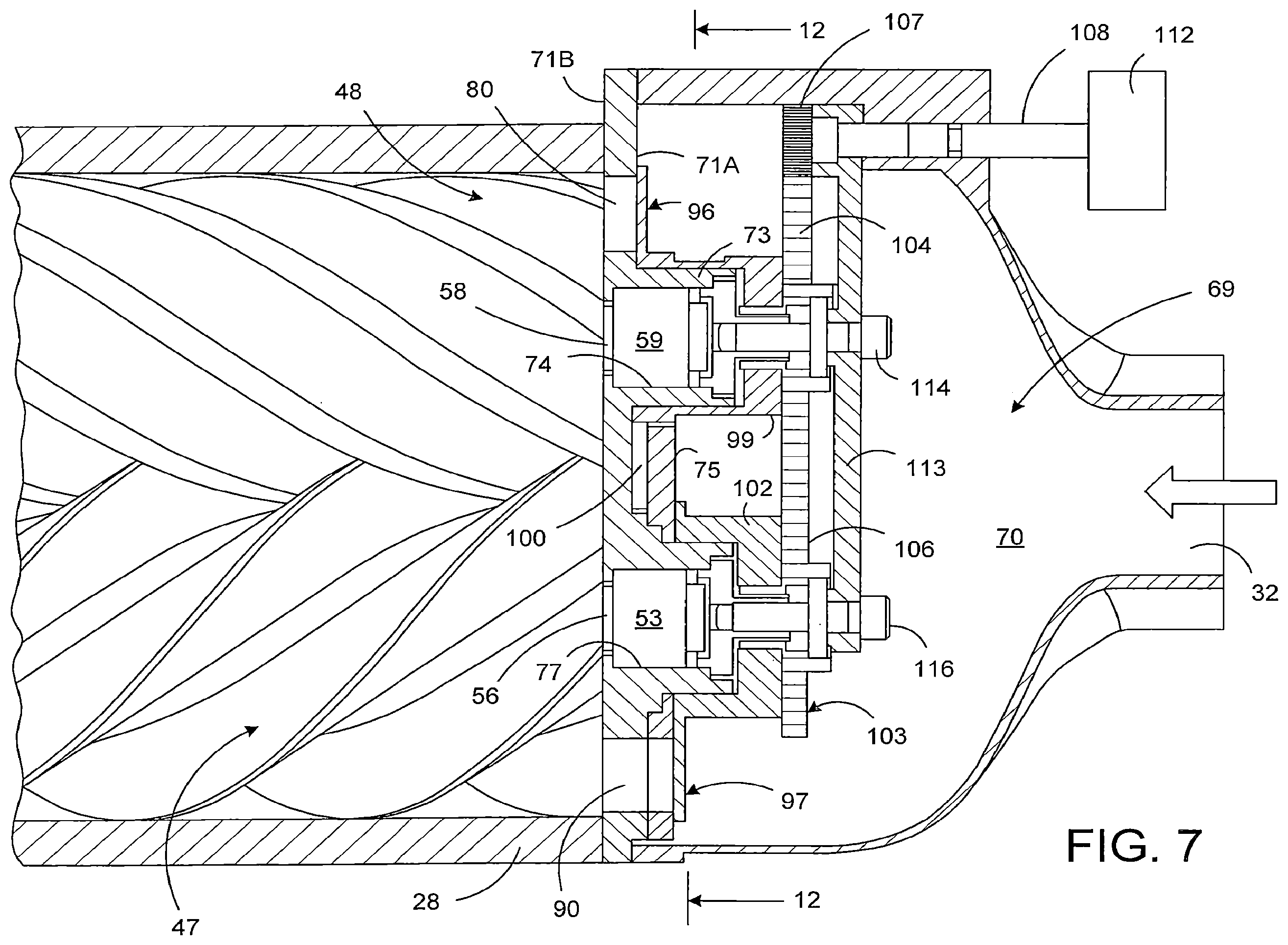 Patent US12590584 Figure 7 – Supercharged internal combustion engine with intake port timing shutters controlling the air mass flowing into the supercharger