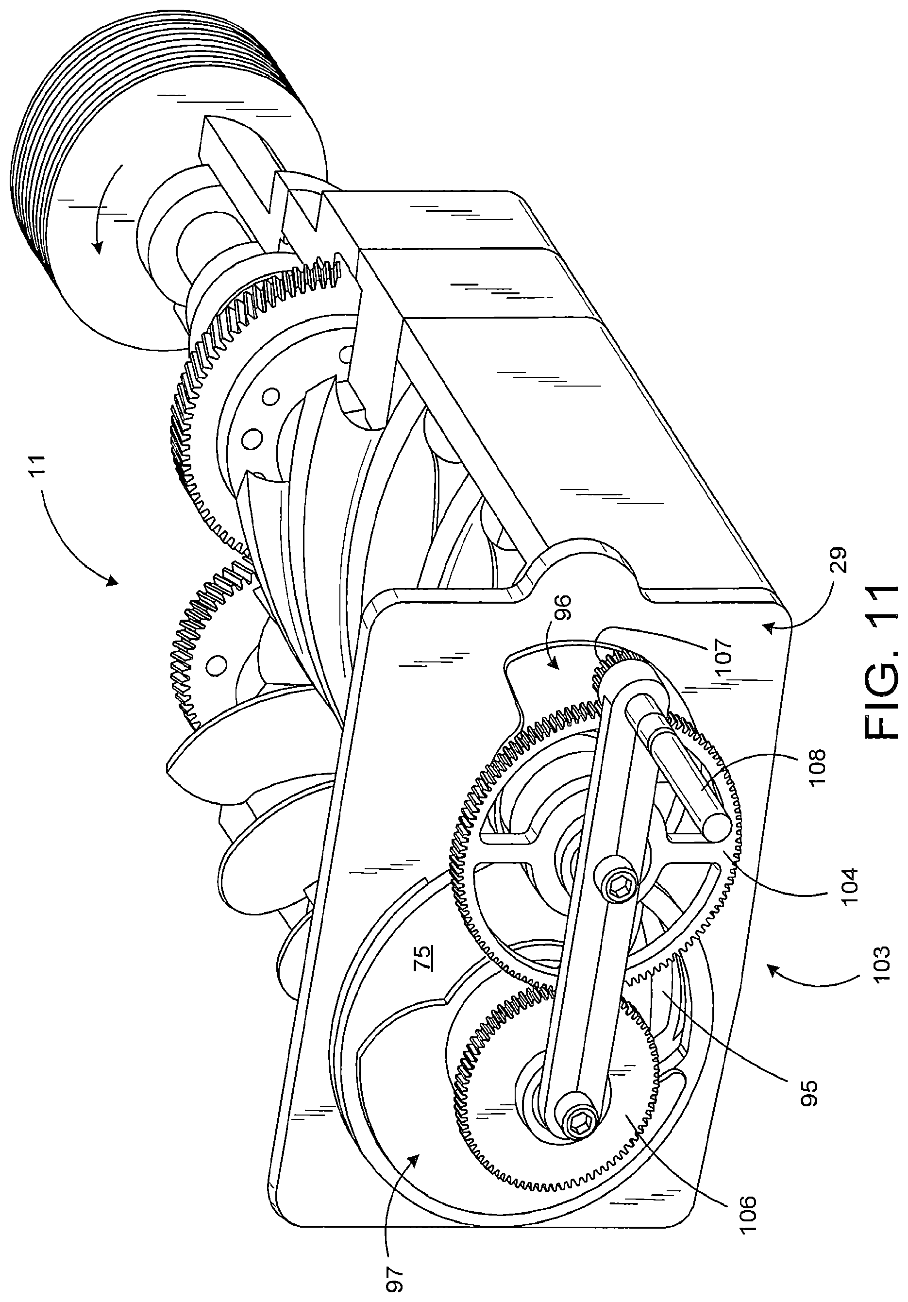 Patent US12590584 Figure 11 – Supercharged internal combustion engine with intake port timing shutters controlling the air mass flowing into the supercharger