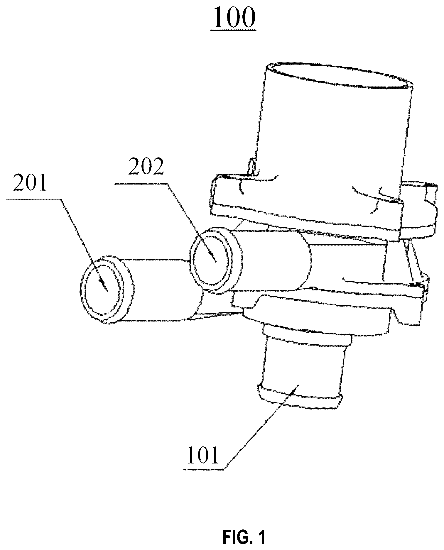 Patent US12590587 Figure 1 – Water pump with one inlet and two outlets