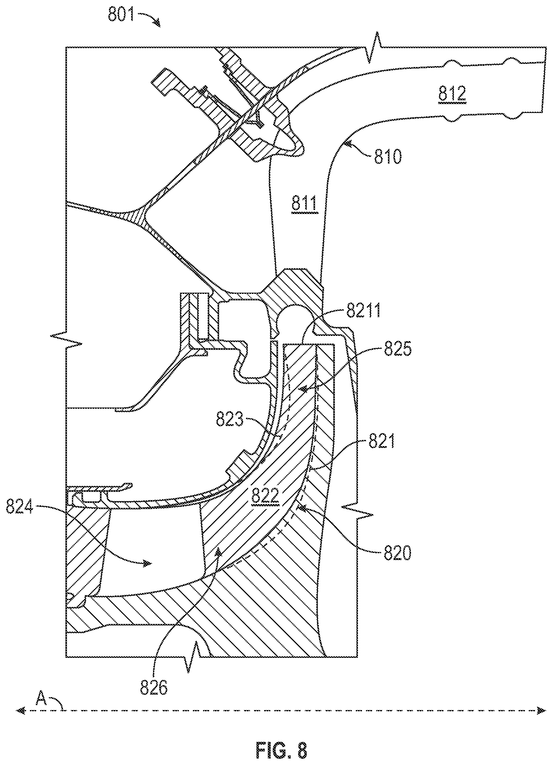 Patent US12590590 Figure 6 – Aircraft engine impeller with exducer shroud forward sweep