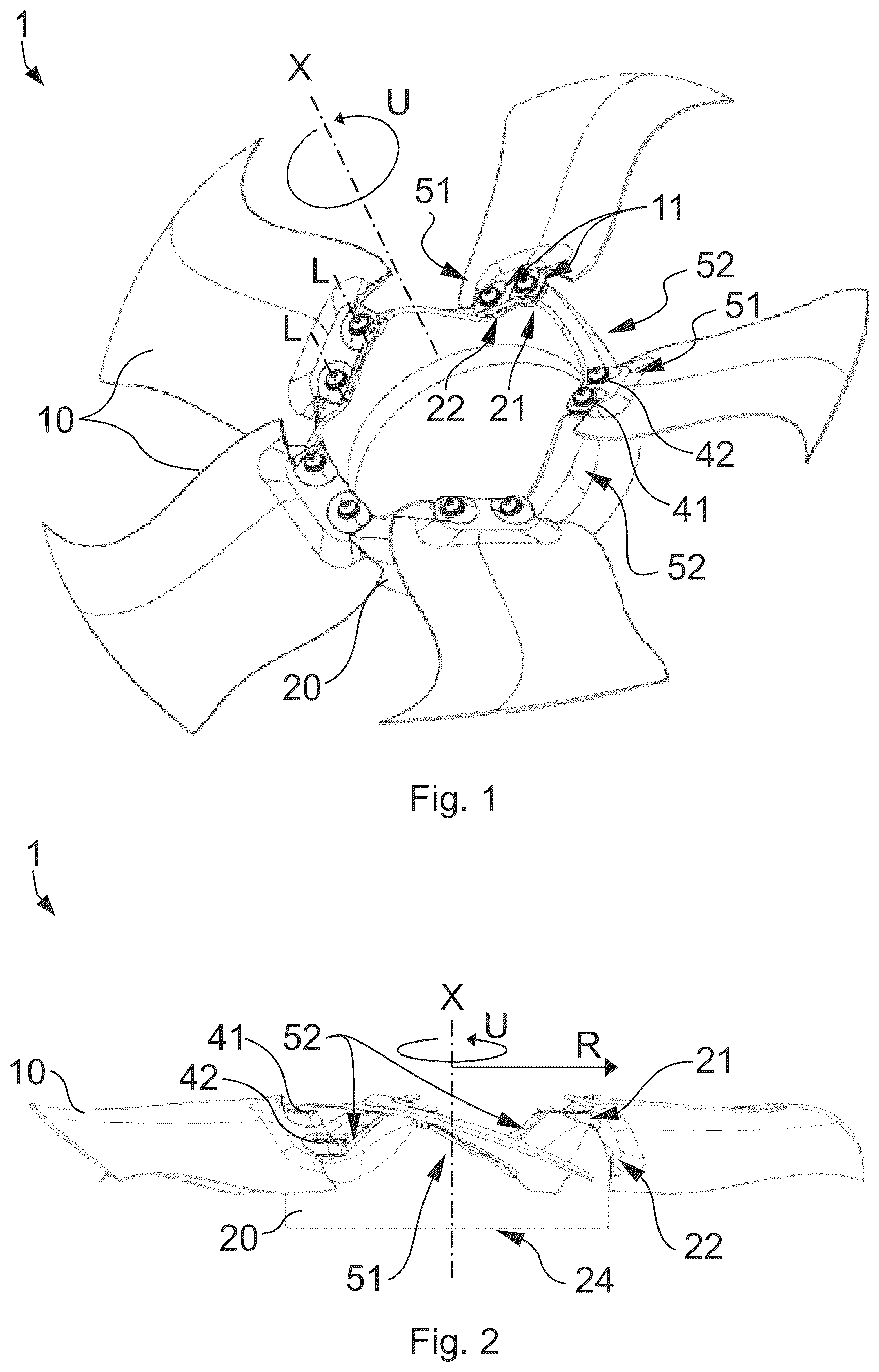 Patent US12590591 Figure 1 – Multipart fan wheel with a fan wheel hub and a plurality of fan wheel blades formed separately therefrom