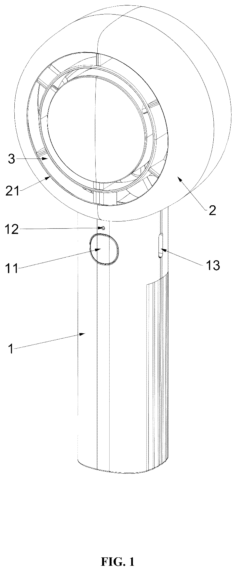Patent US12590592 Figure 1 – Air guide frame, fan head, and handheld concentrating fan