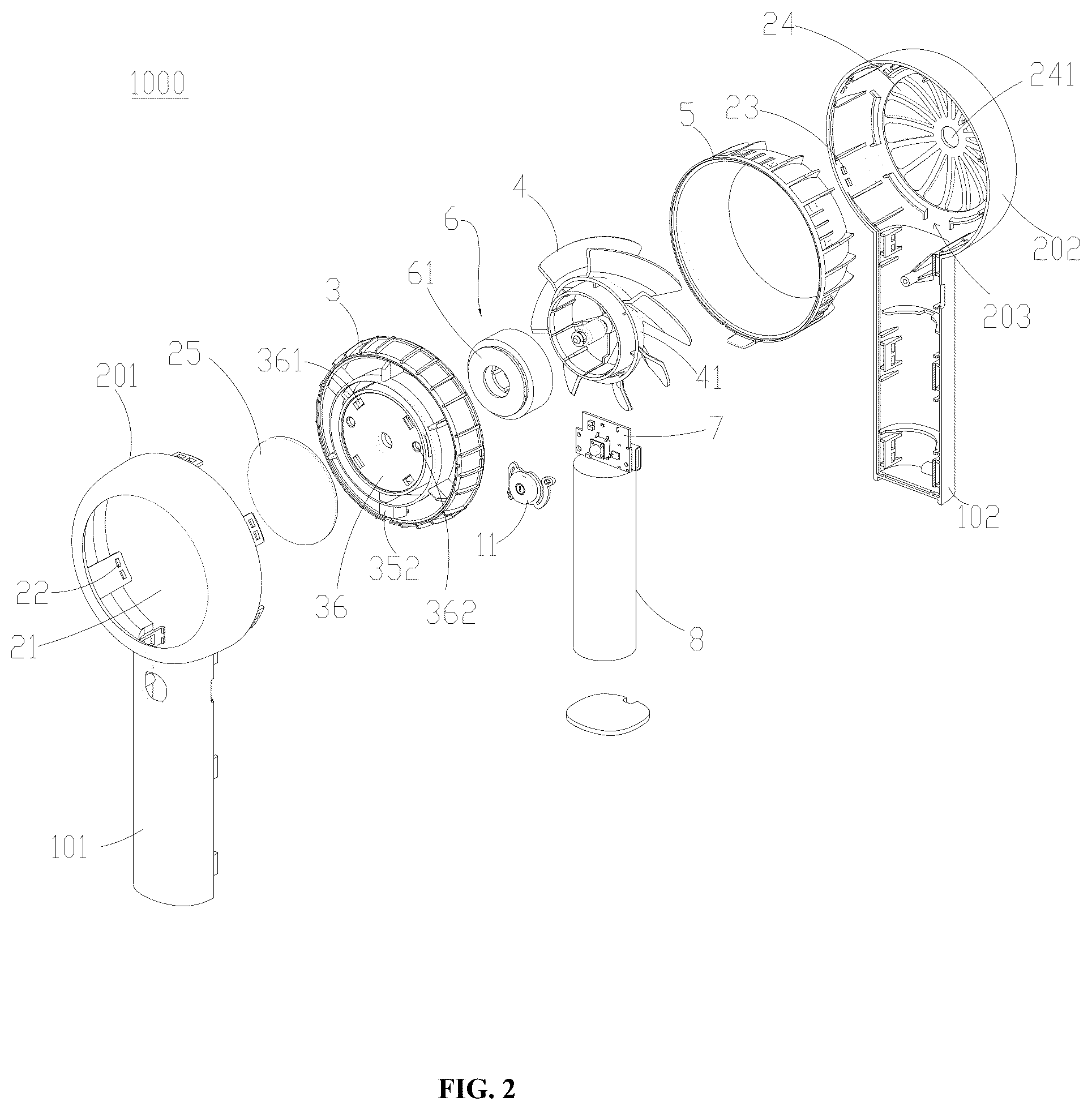 Patent US12590592 Figure 2 – Air guide frame, fan head, and handheld concentrating fan