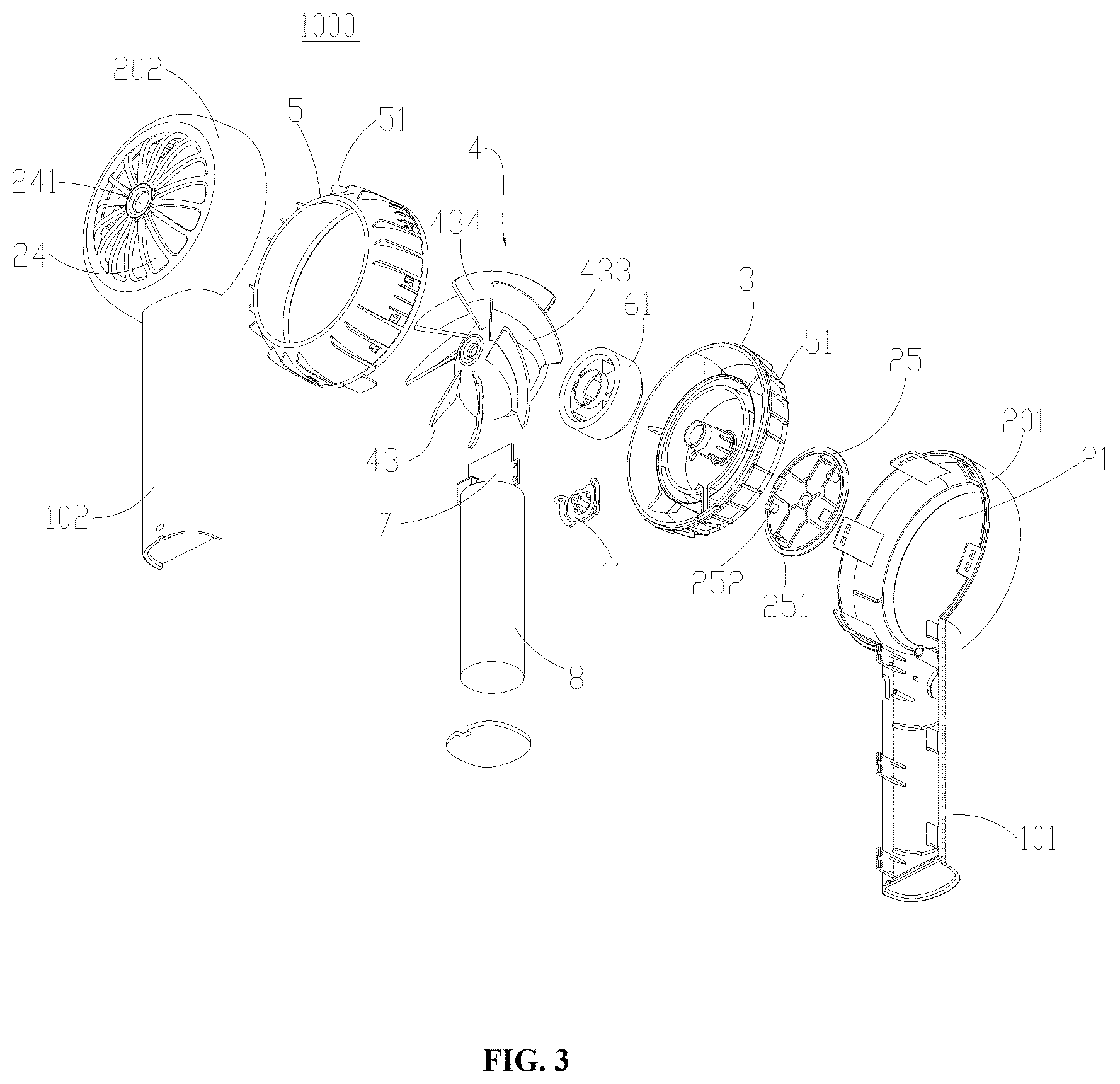 Patent US12590592 Figure 3 – Air guide frame, fan head, and handheld concentrating fan
