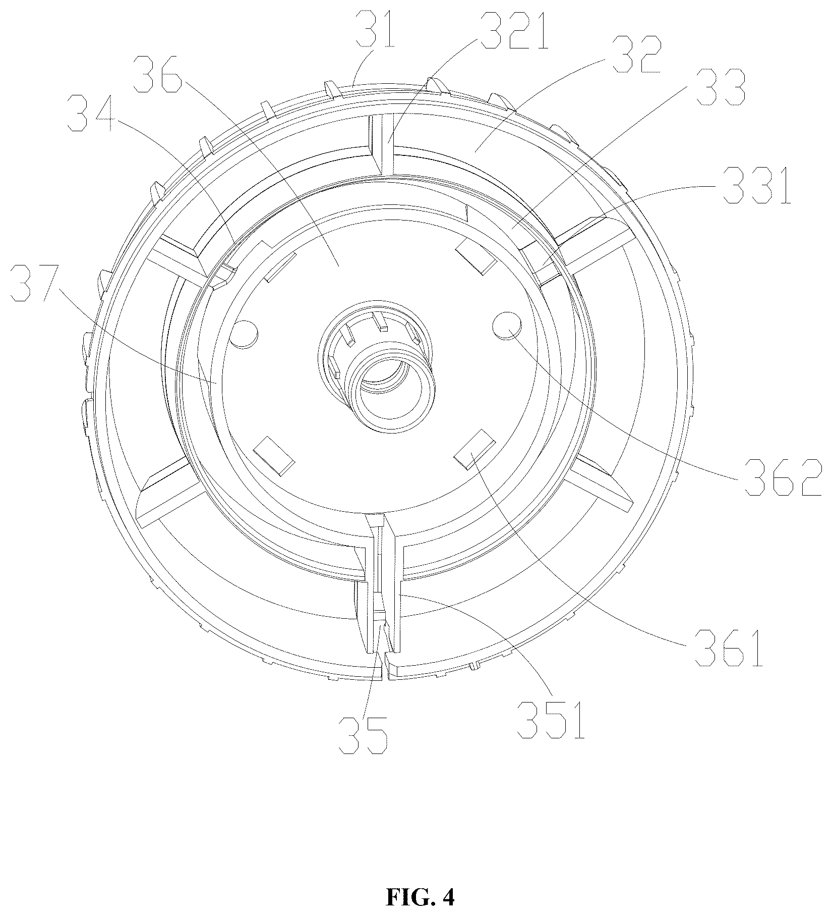 Patent US12590592 Figure 4 – Air guide frame, fan head, and handheld concentrating fan