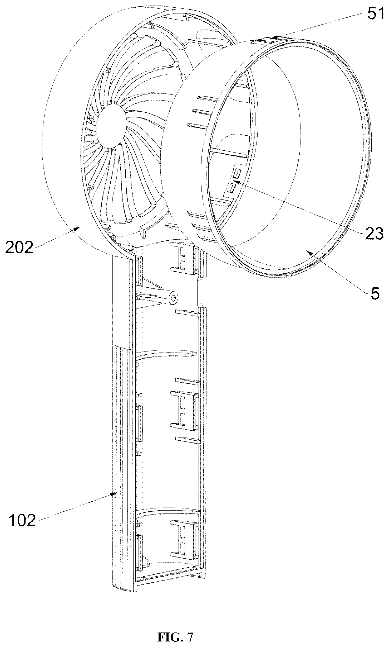 Patent US12590592 Figure 7 – Air guide frame, fan head, and handheld concentrating fan