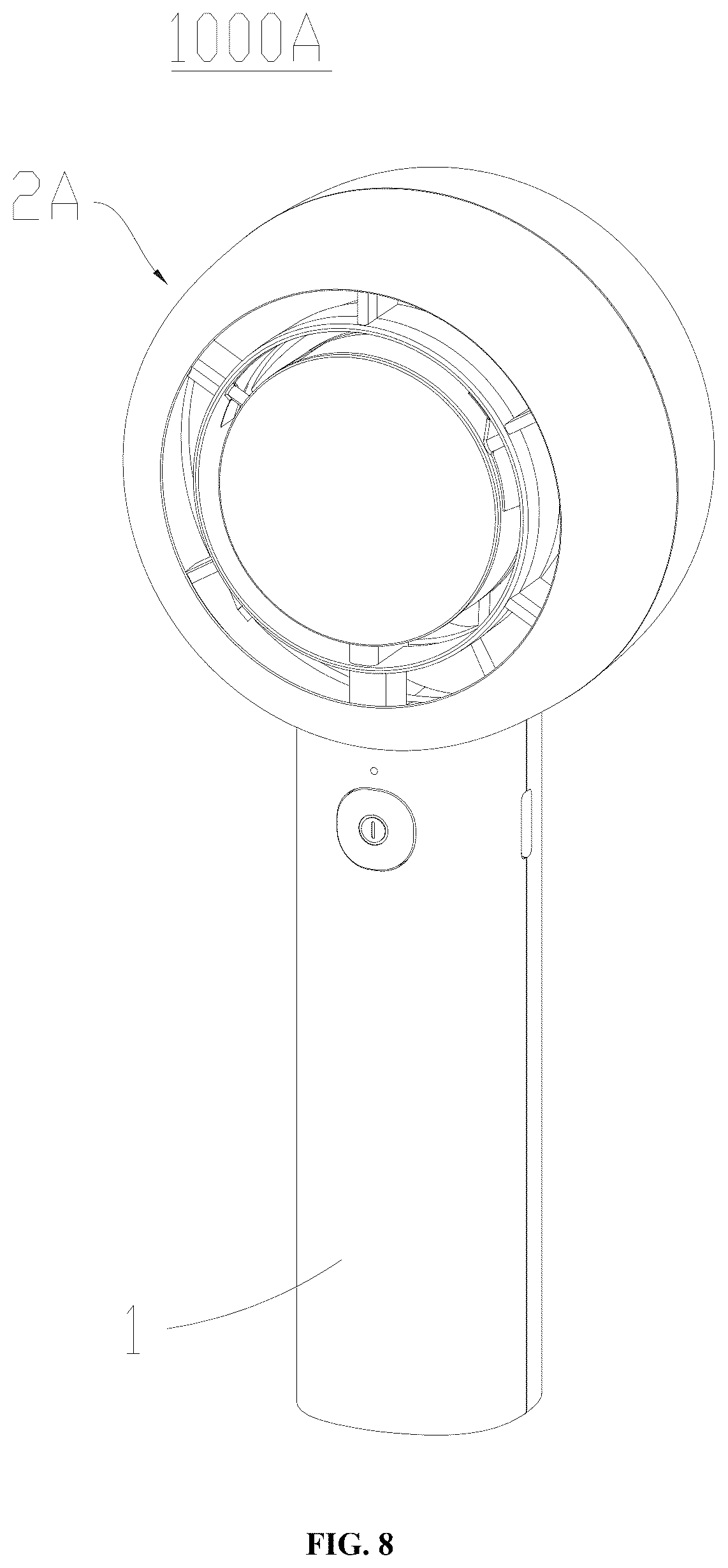 Patent US12590592 Figure 8 – Air guide frame, fan head, and handheld concentrating fan