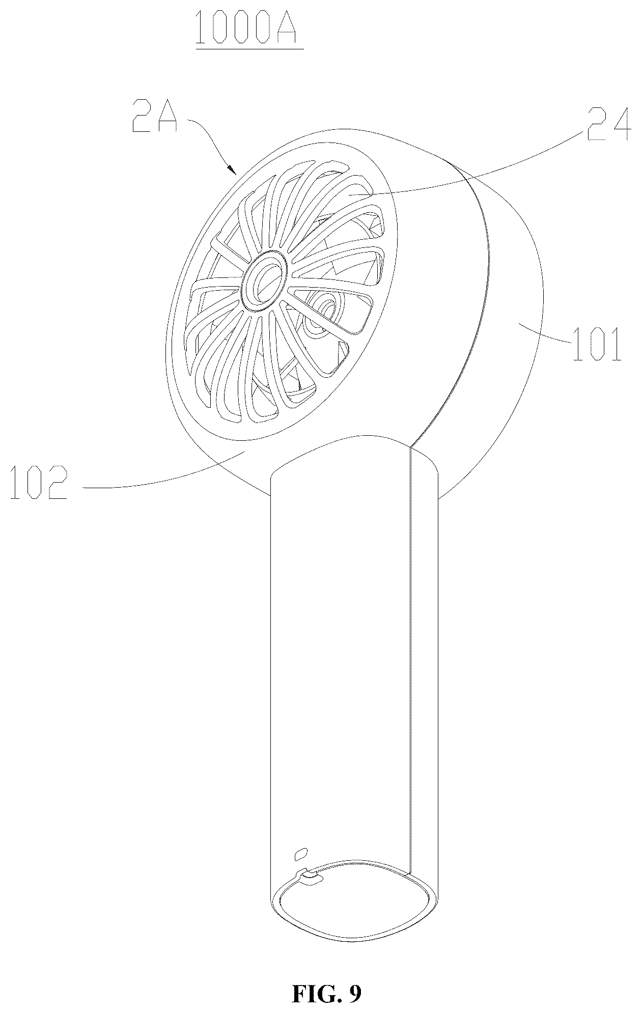 Patent US12590592 Figure 9 – Air guide frame, fan head, and handheld concentrating fan