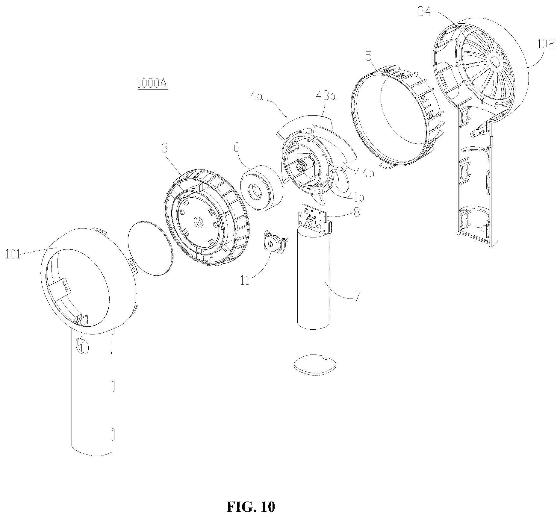 Patent US12590592 Figure 10 – Air guide frame, fan head, and handheld concentrating fan