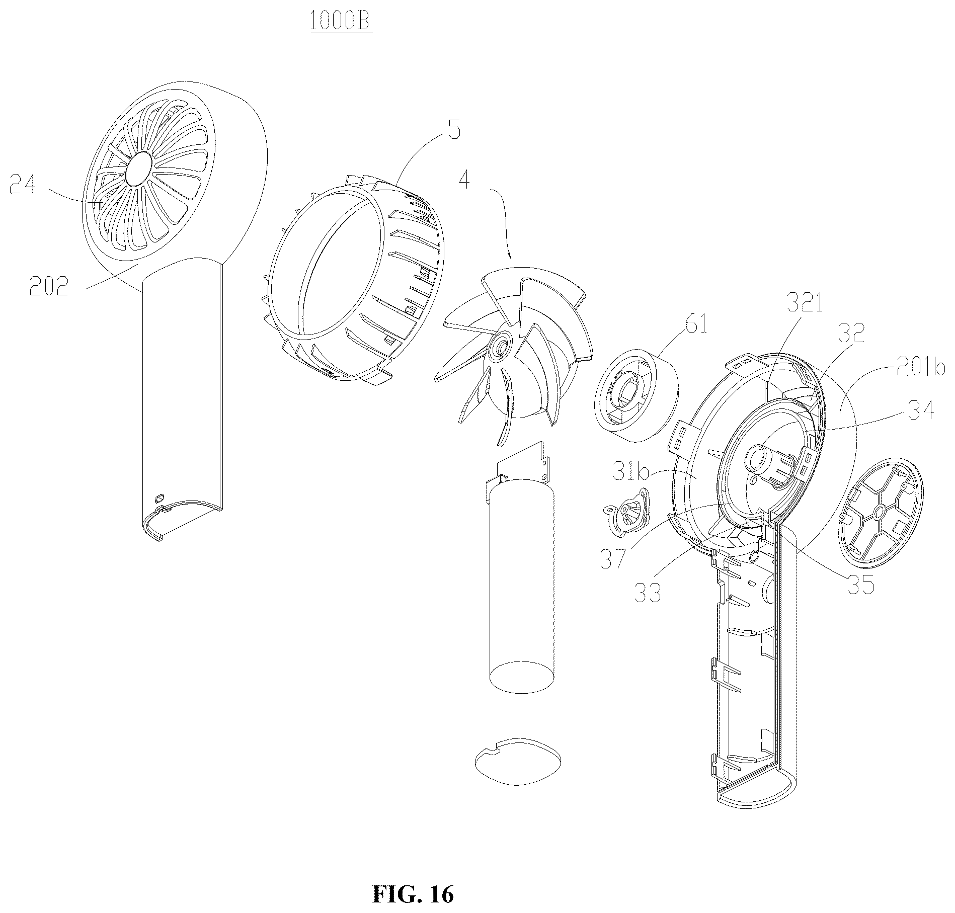 Patent US12590592 Figure 15 – Air guide frame, fan head, and handheld concentrating fan