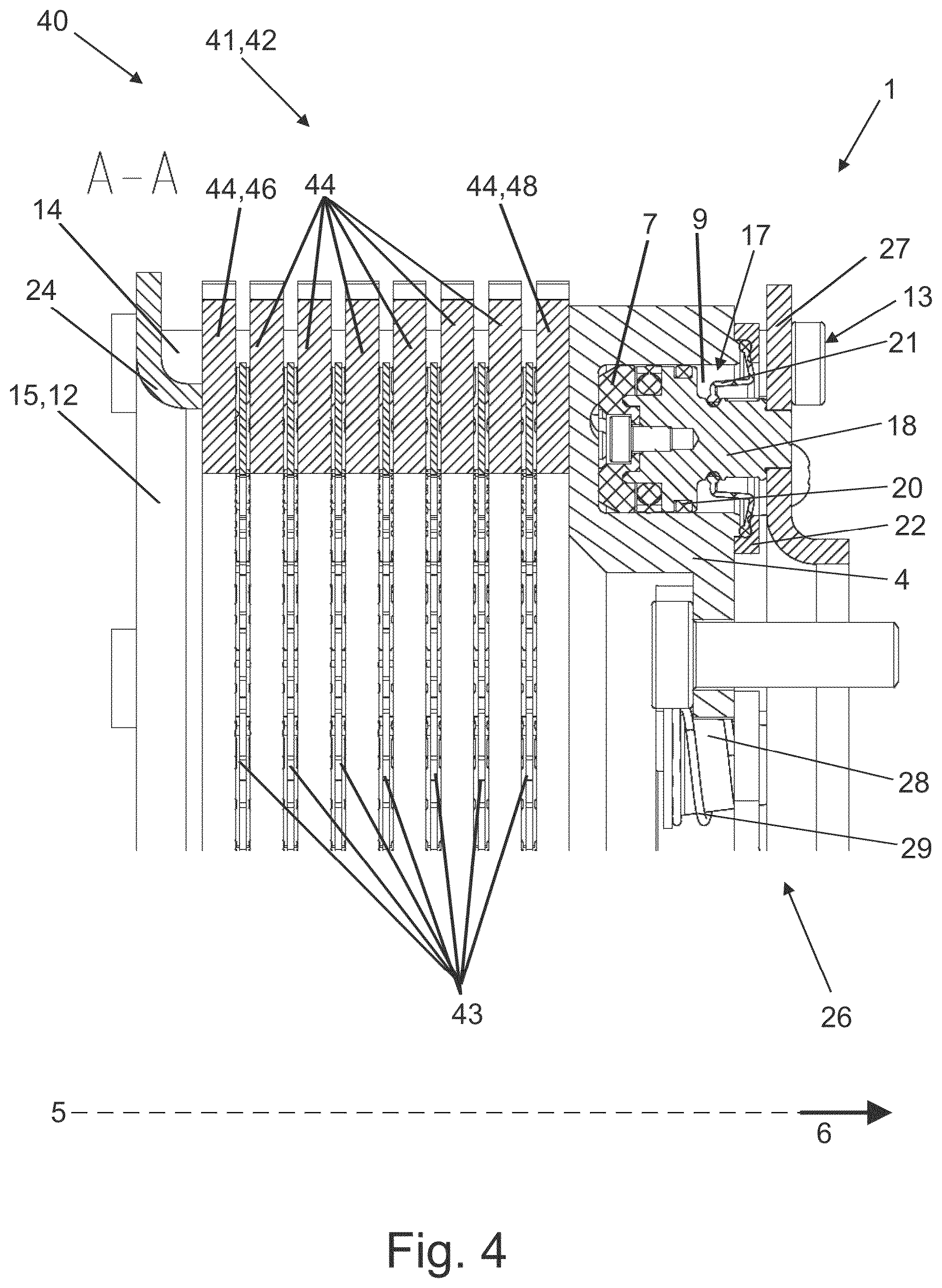 Patent US12590612 Figure 4 – Multi-piston disengagement system for a brake device of a vehicle, brake device for a vehicle having a multi-piston disengagement system, and transmission arrangement for a vehicle having the brake device