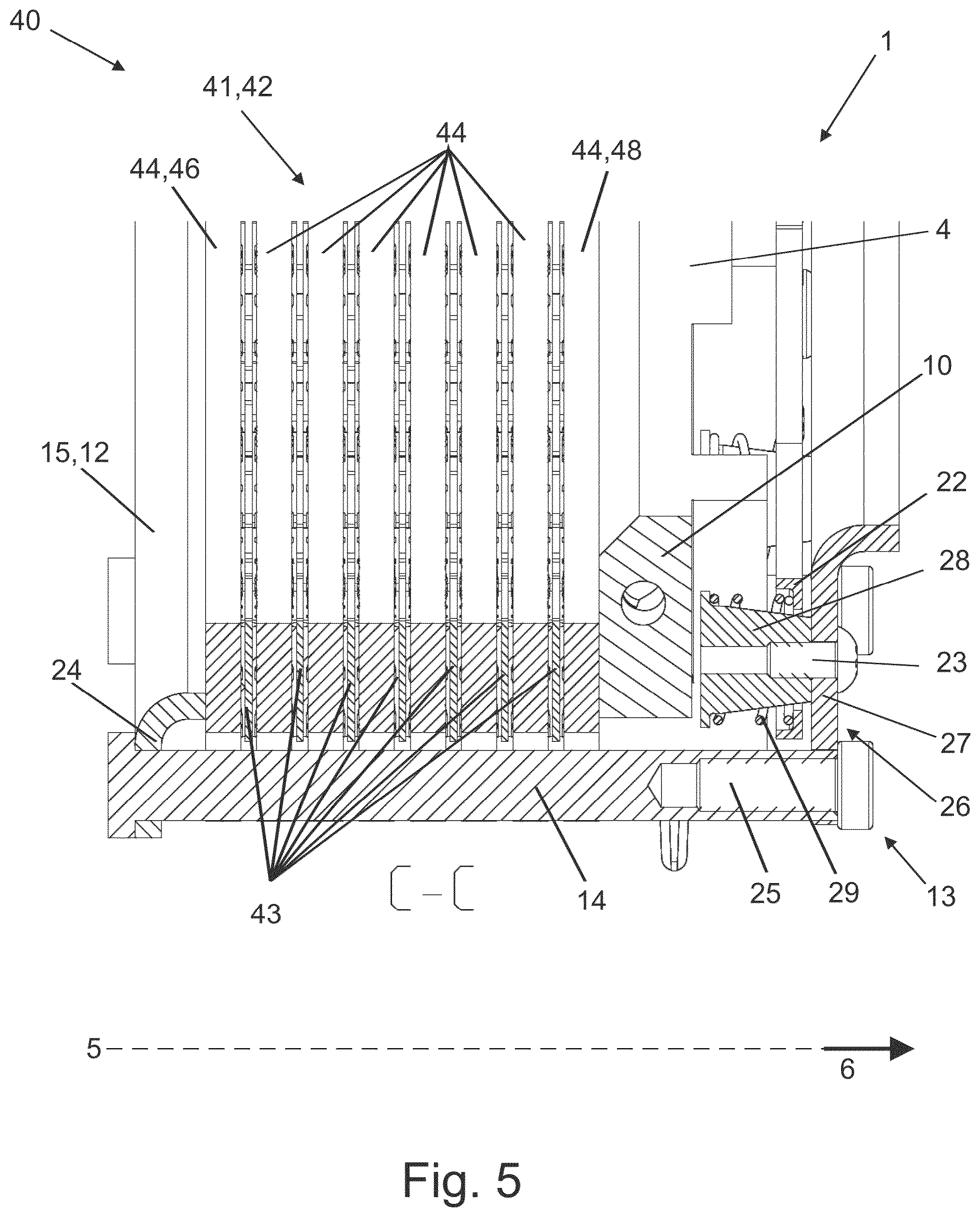 Patent US12590612 Figure 5 – Multi-piston disengagement system for a brake device of a vehicle, brake device for a vehicle having a multi-piston disengagement system, and transmission arrangement for a vehicle having the brake device
