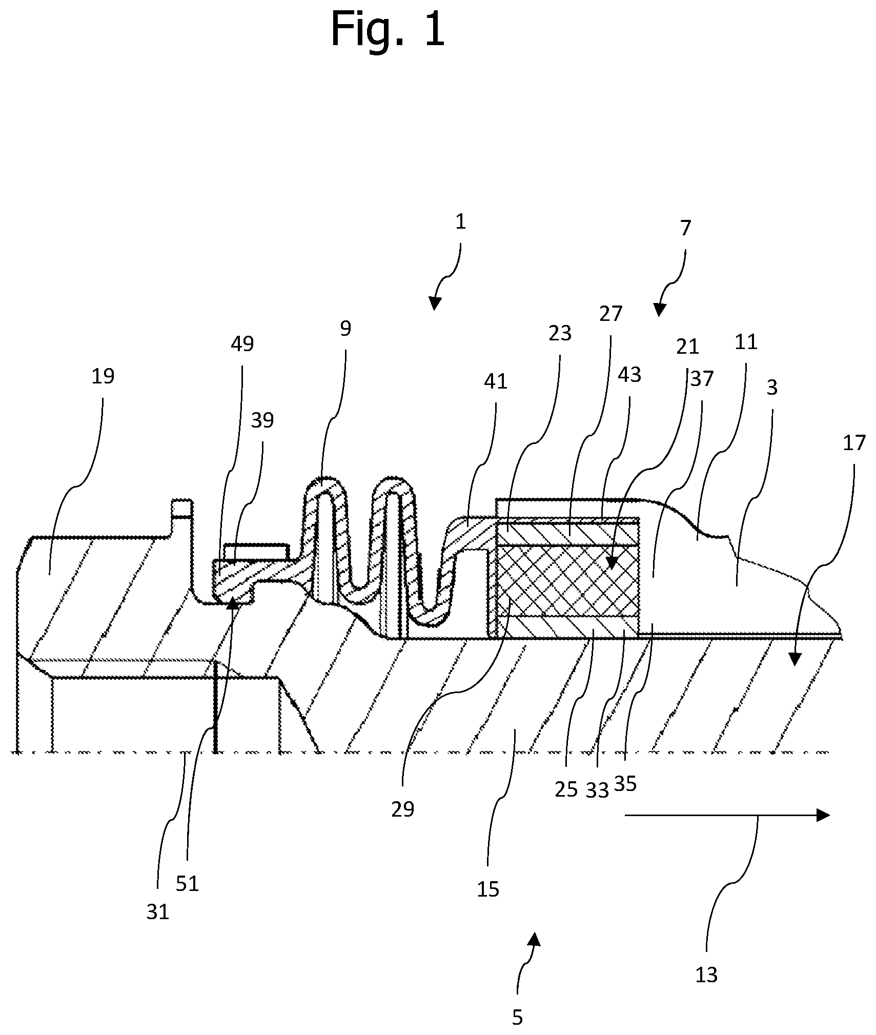 Patent US12590614 Figure 1 – Floating caliper brake having two metal sections and one elastomer section