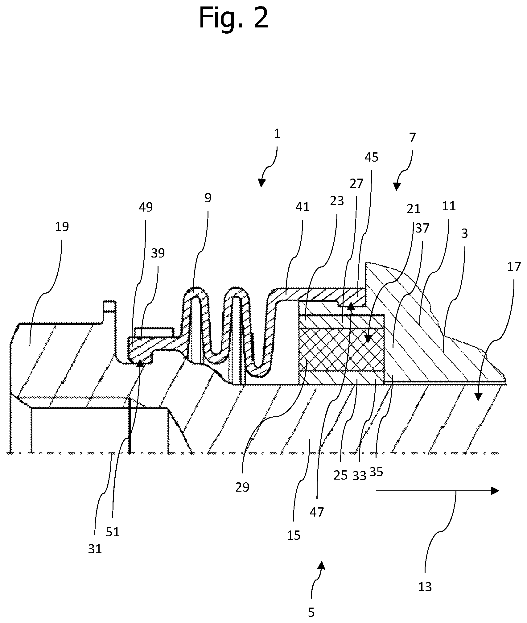 Patent US12590614 Figure 2 – Floating caliper brake having two metal sections and one elastomer section