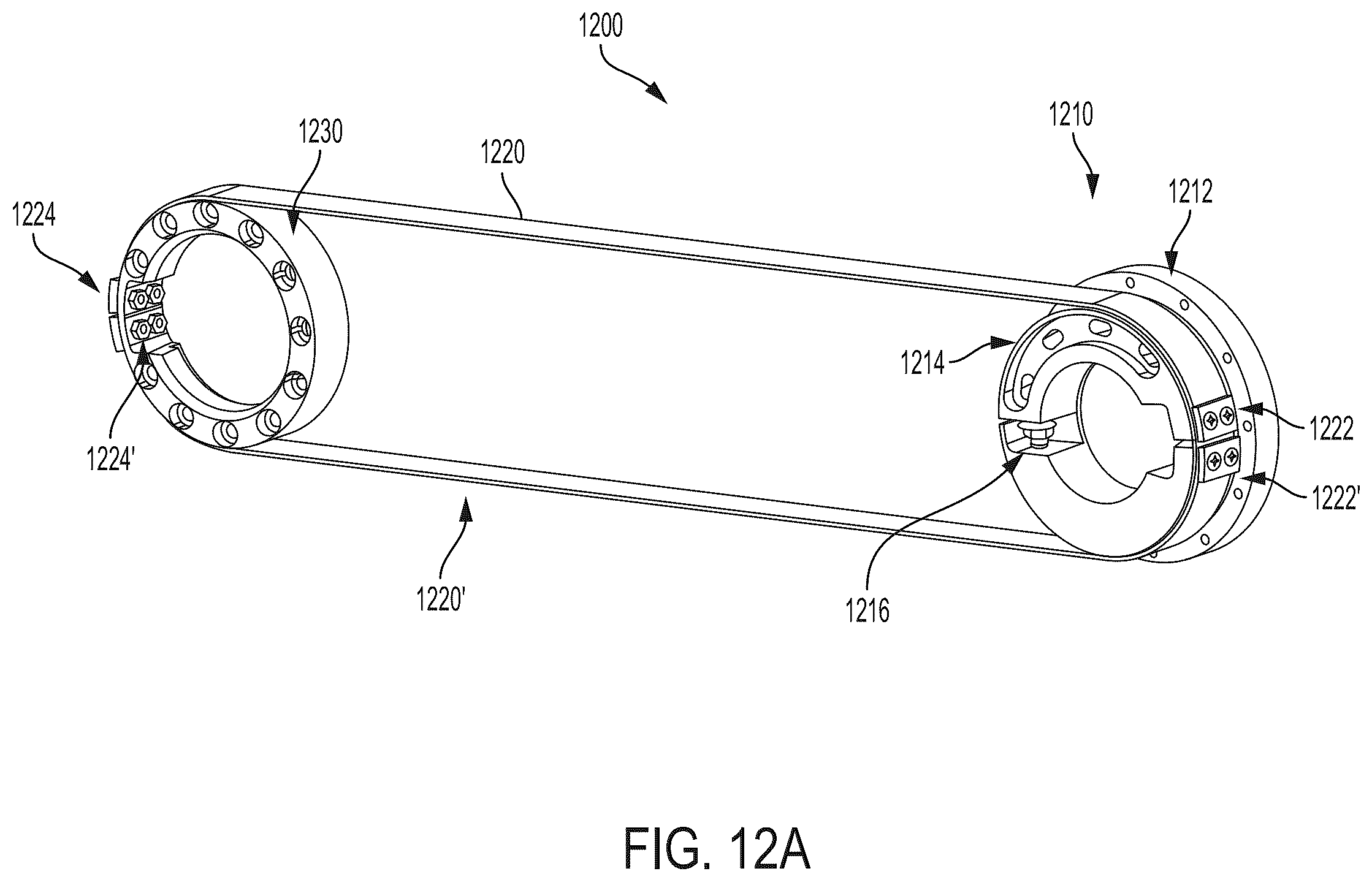 Patent US12590621 Figure 12 – Belt termination and tensioning in a pulley arrangement for a robotic arm