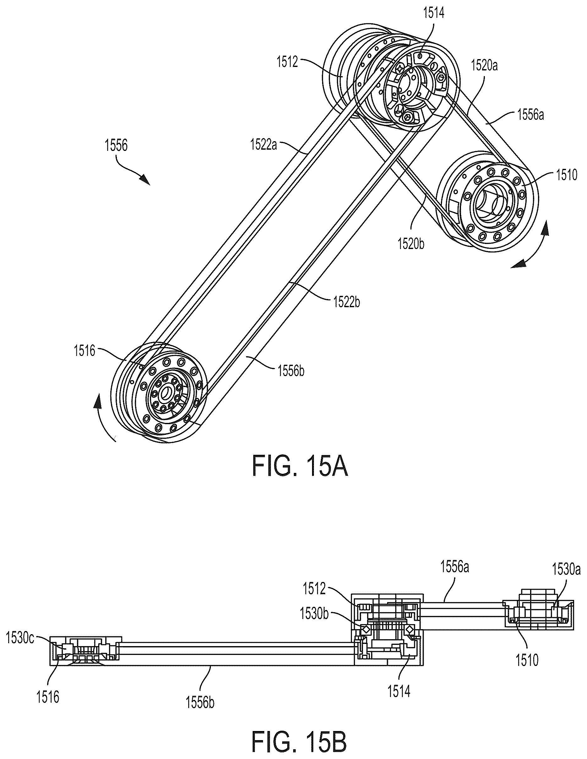 Patent US12590621 Figure 15 – Belt termination and tensioning in a pulley arrangement for a robotic arm